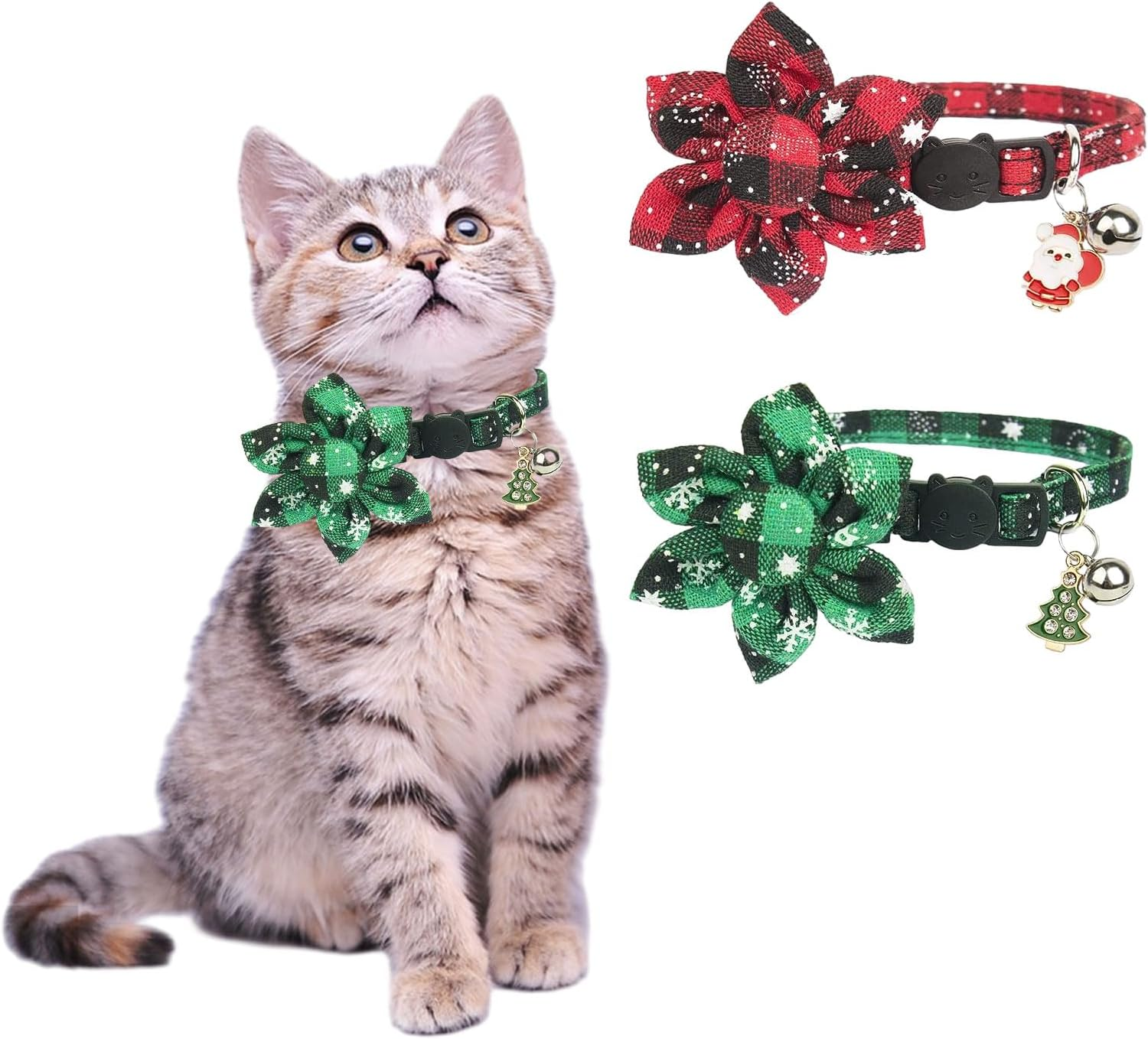 Christmas Cat Collar, Pack of 2 Adjustable Kitten Collar with Adorable Bells and Snowflakes Patterned Flower, Collar Cat Bow Tie, Christmas Pet Accessories for Kittens, Puppies image number 5