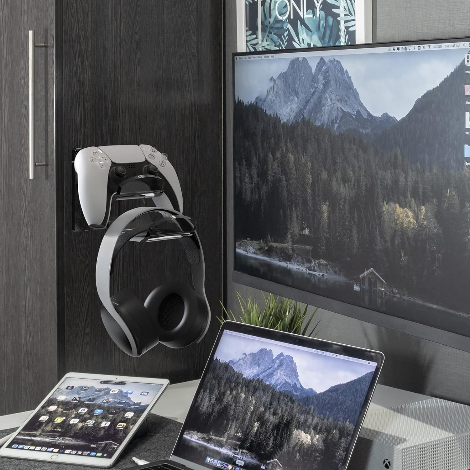 Geekria Acrylic Dual Gamepad Controller & Headphone Stand Holder, Wall Mount Gaming Headphone Hanger Hook for PS4 PS5 Xbox ONE Xbox Elite2 Game Controller Pulse 3D Headset image number 3