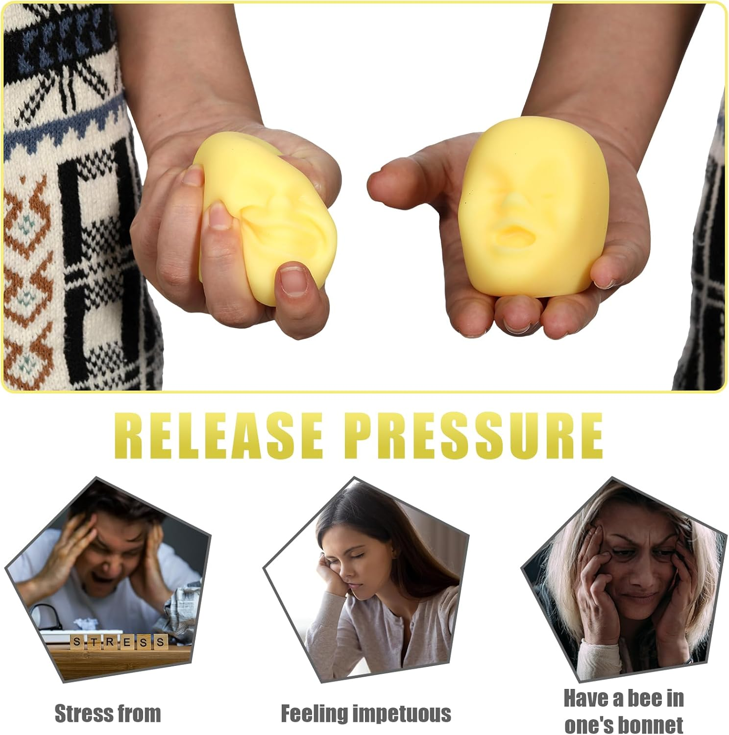 4 Pcs Human Face Stress Ball for Adults Funny Human Face Emotion Balls Fidget Sensory Toy Relief Toys Squeeze Ball Soft Stretchy Fidget Toys Weird Stuff Stress Ball for Teen Relieve (Yellow) - Yellow image number 2