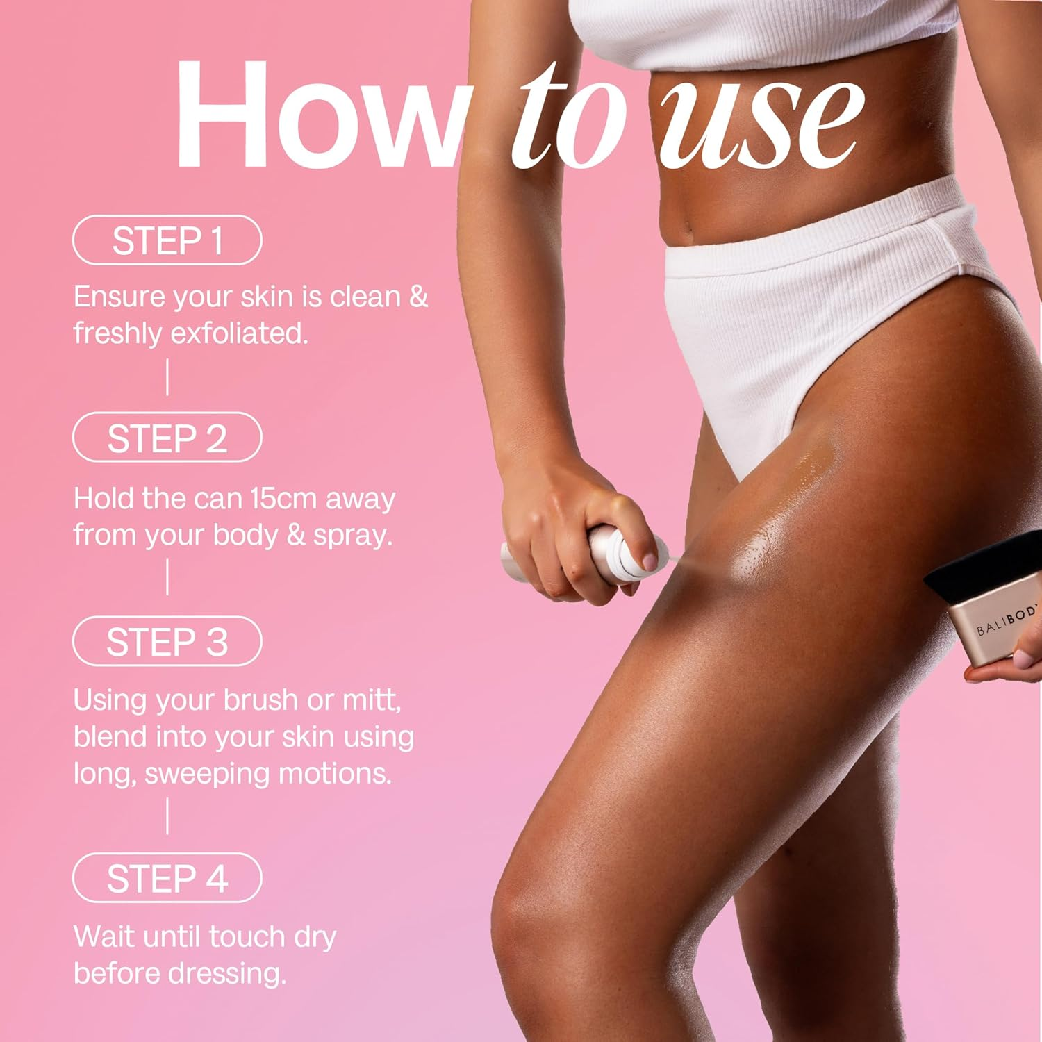 BALI BODY Instant Tan (Light to Medium & Medium to Dark) | This Lightweight Aerated Spray Evens Skin Tone, Blurs Blemishes and Covers Imperfections, Leaving the Skin Looking Tanned and Airbrushed In image number 4
