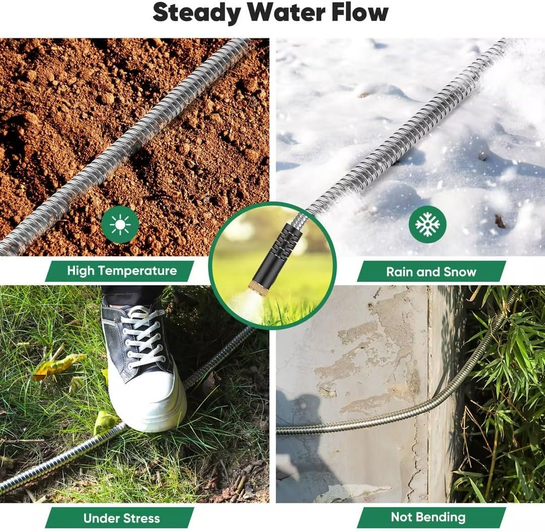 Garden Hose 50Ft, Heavy Duty Stainless Steel Water Hose with 10 Functional Nozzles, No Kink, Lightweight and Flexible, Easy to Use and Store, Strong and Sturdy, Suitable for Yard and Lawn