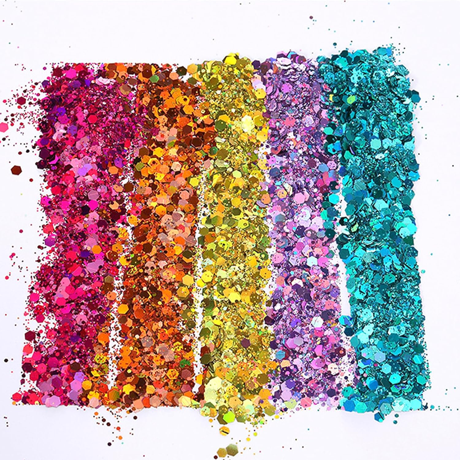 Ovaletta 12 Colours Glitter Powder for Crafts, Face, Nails, Body, Slime, Nails, Birthday Party - 12 Grams (0.066 Kg) - Hexagonal - Assorted Rainbow Colours (Red, Pink, Blue, Green, Gold, Purple) - Gold image number 6