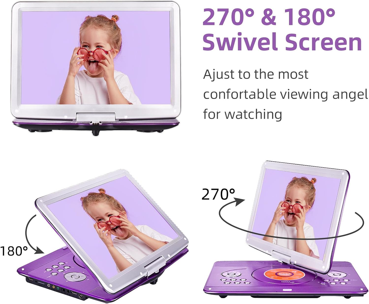 16.9'' Portable DVD Player with 14.1'' Large Swivel HD Screen, Kids DVD Players Portable with 6 Hrs 5000Mah Rechargeable Battery【Upgraded】, Sync TV, Support USB/SD Card, with Car Charge,Purple image number 2