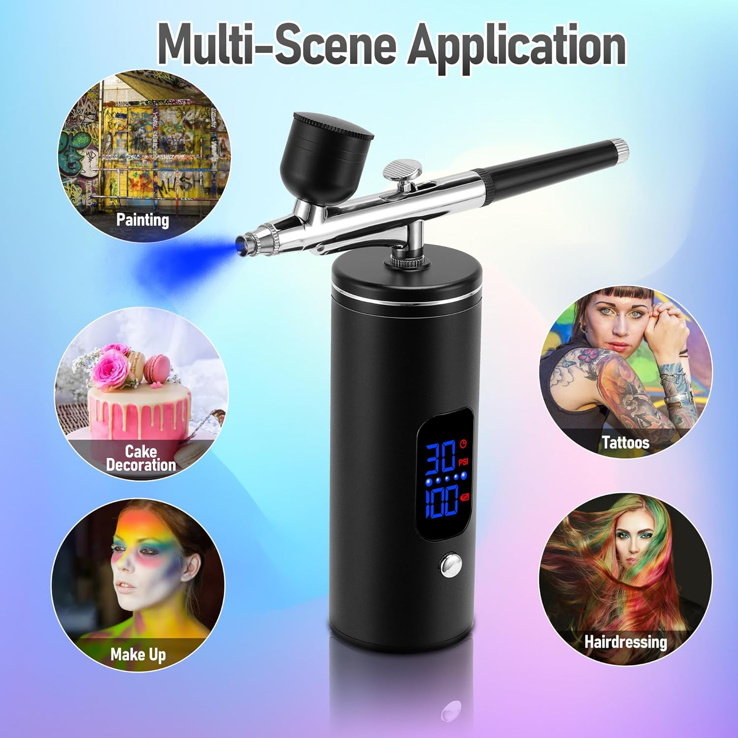 MEKOTRIN Cordless Airbrush Kit, Rechargeable Air Brush Gun Kit with LCD Display, High Pressure Air Brushes with 0.3Mm Nozzle and Cleaning Set for Painting, Tattoos, Makeup, Cake Decorating image number 2