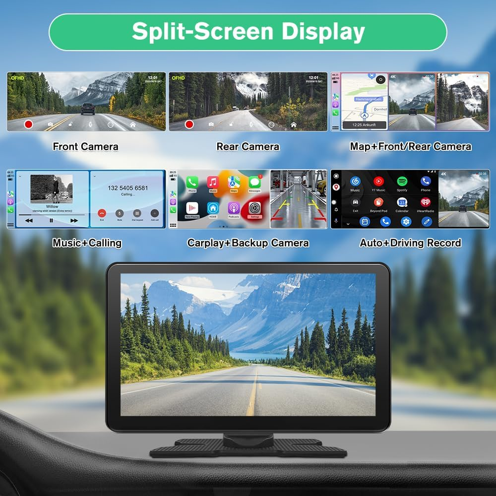 Car Stereo 9 Inch Portable Car Audio Carplay Android Auto Airplay Mirrorlink 4K Dash Cam + 1080P Rear Backup Camera + 64GB Micro SD Card Driving Recorder Parking Assistance