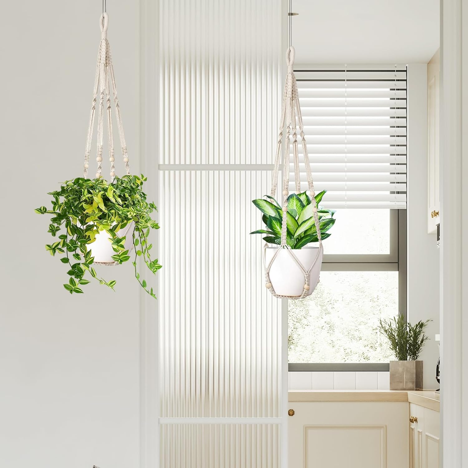 Macrame Plant Hanger Indoor Set of 2 with 4 Hooks, Indoor Outdoor Hanging Planter for Plants Holder with Decorative Wood Beads & No Tassels, Boho Home Decor, 35 Inch Ivory (Pots Not Included) image number 1