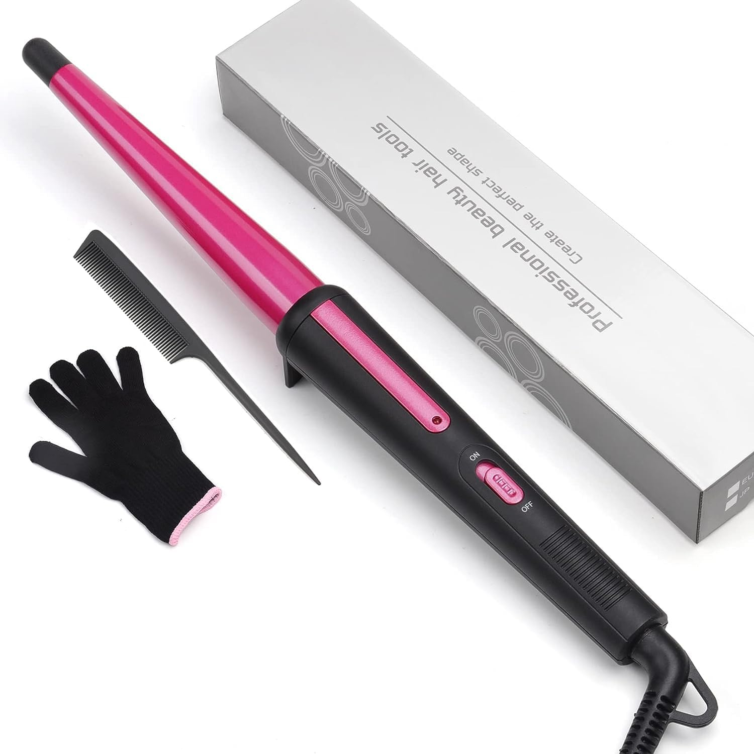 Hair Curling Wand, 0.5-1Inch Tapered Curling Iron, Professional Ceramic Hair Curler Wand with Heat-Resistant Glove, Dual Voltage (Pink)