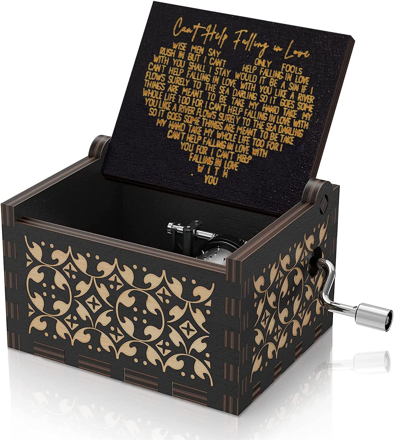 Can&rsquo;T Help Tune Music Box Black Hand Crank Vintage Wood Carved Musical Box Gifts for Lover, Boyfriend/Girlfriend/Husband/Wife/Lovers on Birthday/Valentine'S Day/Anniversary