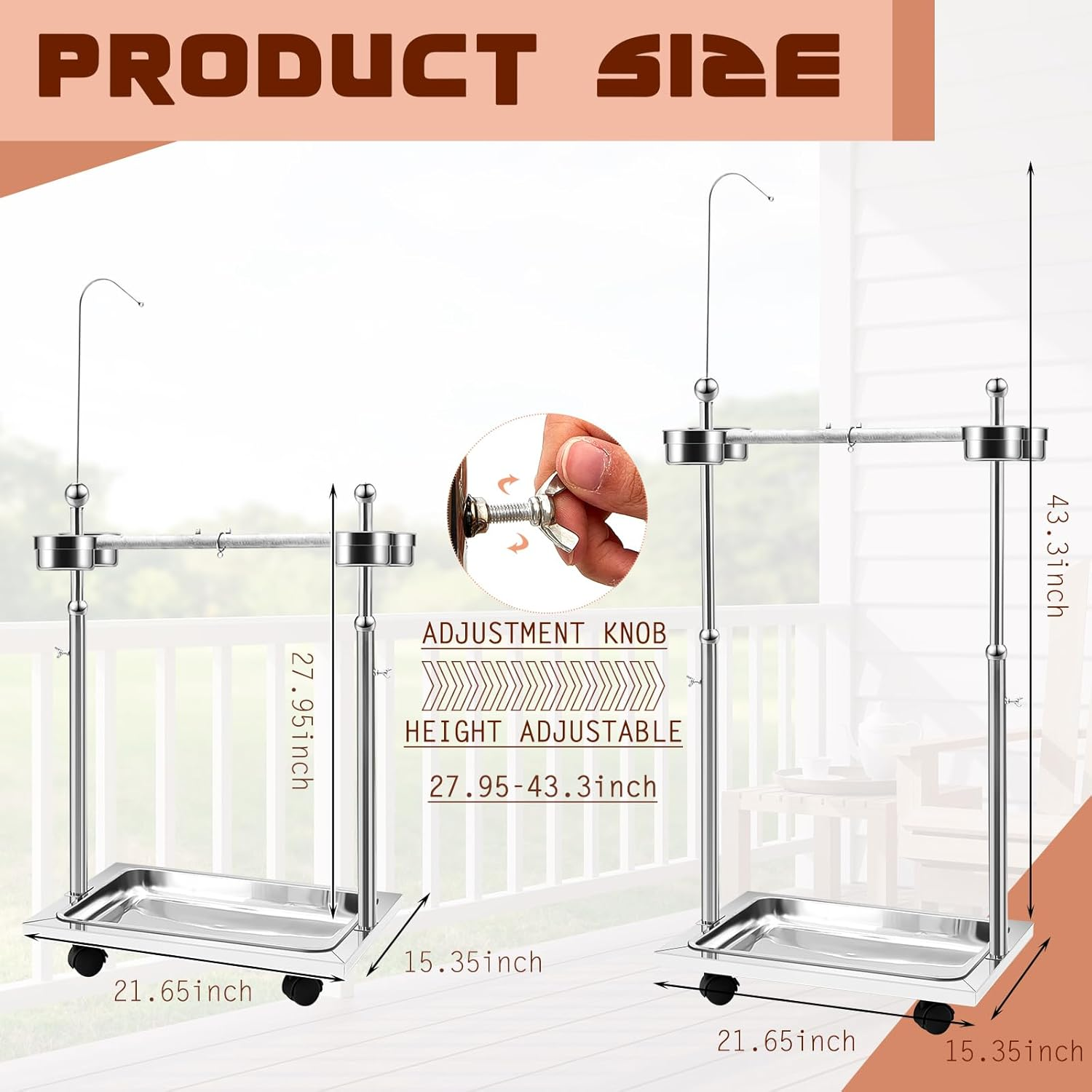 Tandefio Parrot Stand Bird Play Stand 21.65 X 15.35 X 27.95 Inches Large Metal Stainless Steel Bird Playstand Adjustable Height Perch with Universal Wheels and Feeding Bowls image number 4