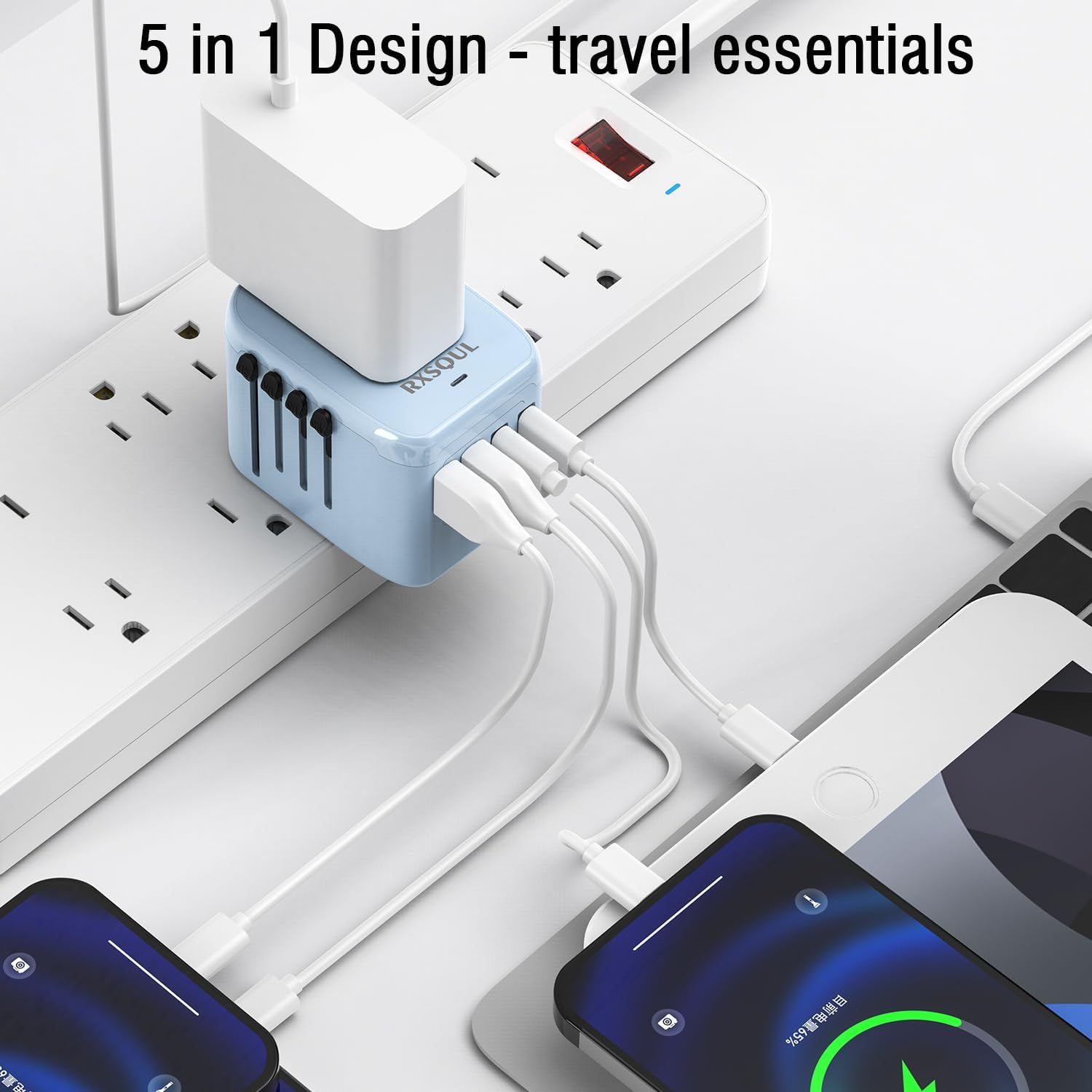 RXSQUL 5 in 1 Universal Travel Adapter, PD20W Fast Charger with 2 USB-C & 2 USB-A Ports for Europe UK US AU Asia - Blue image number 1