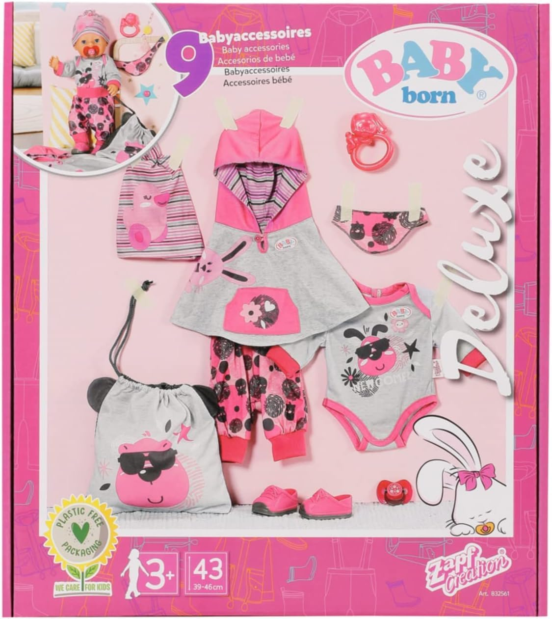 BABY Born Deluxe First Arrival 832561 Clothing Accessories for 43Cm Dolls for Toddlers - Includes 9-Piece Clothing Set & Dummy Eye Function - Suitable from 3 Years