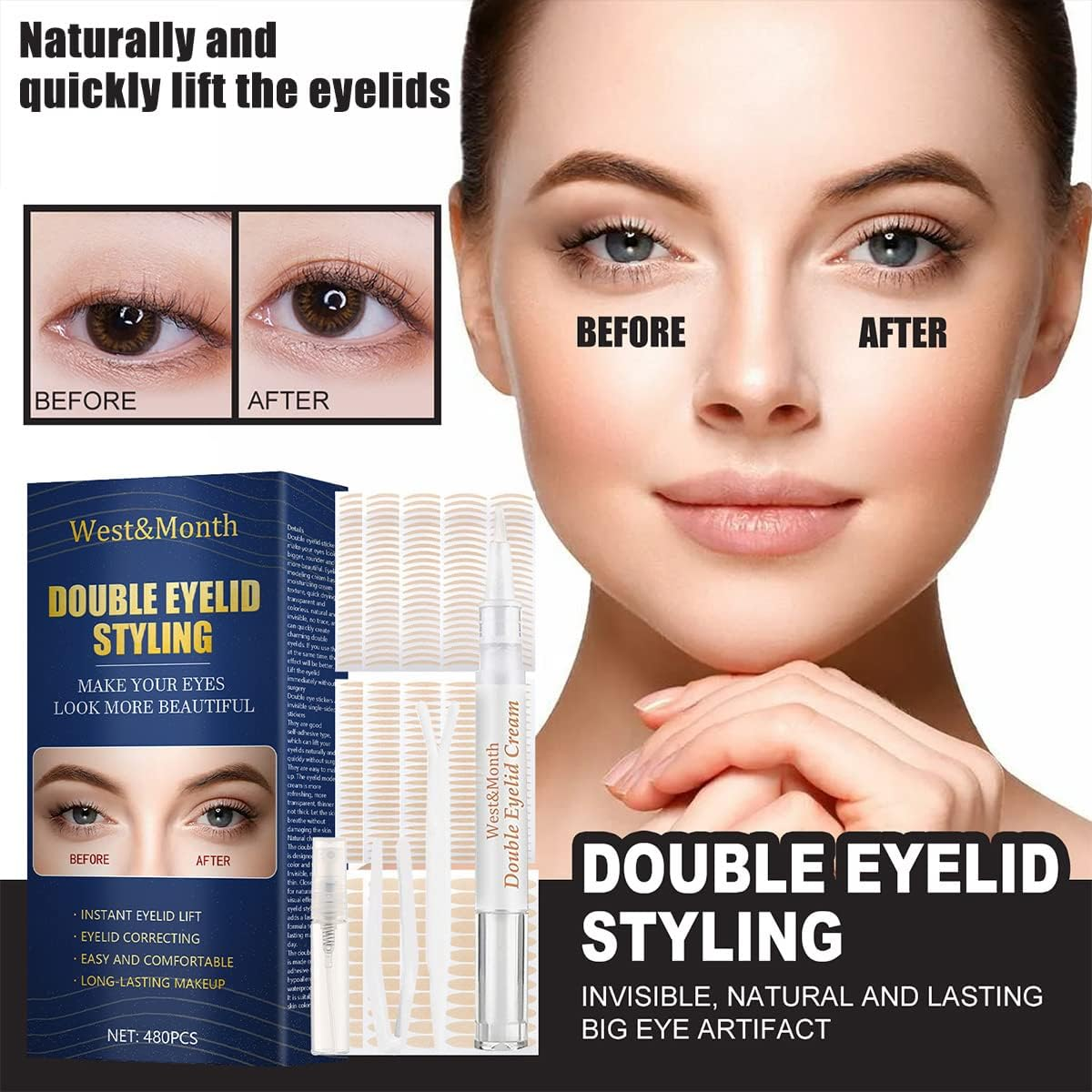 Double Eyelid Tape, Instant Eyelid Lift, Ultra Invisible Double Eyelid Sided Sticky, Eyelid Correcting Strips for Heavy Hooded Droopy Lids, with Eye Cream Tweezers Spray image number 1