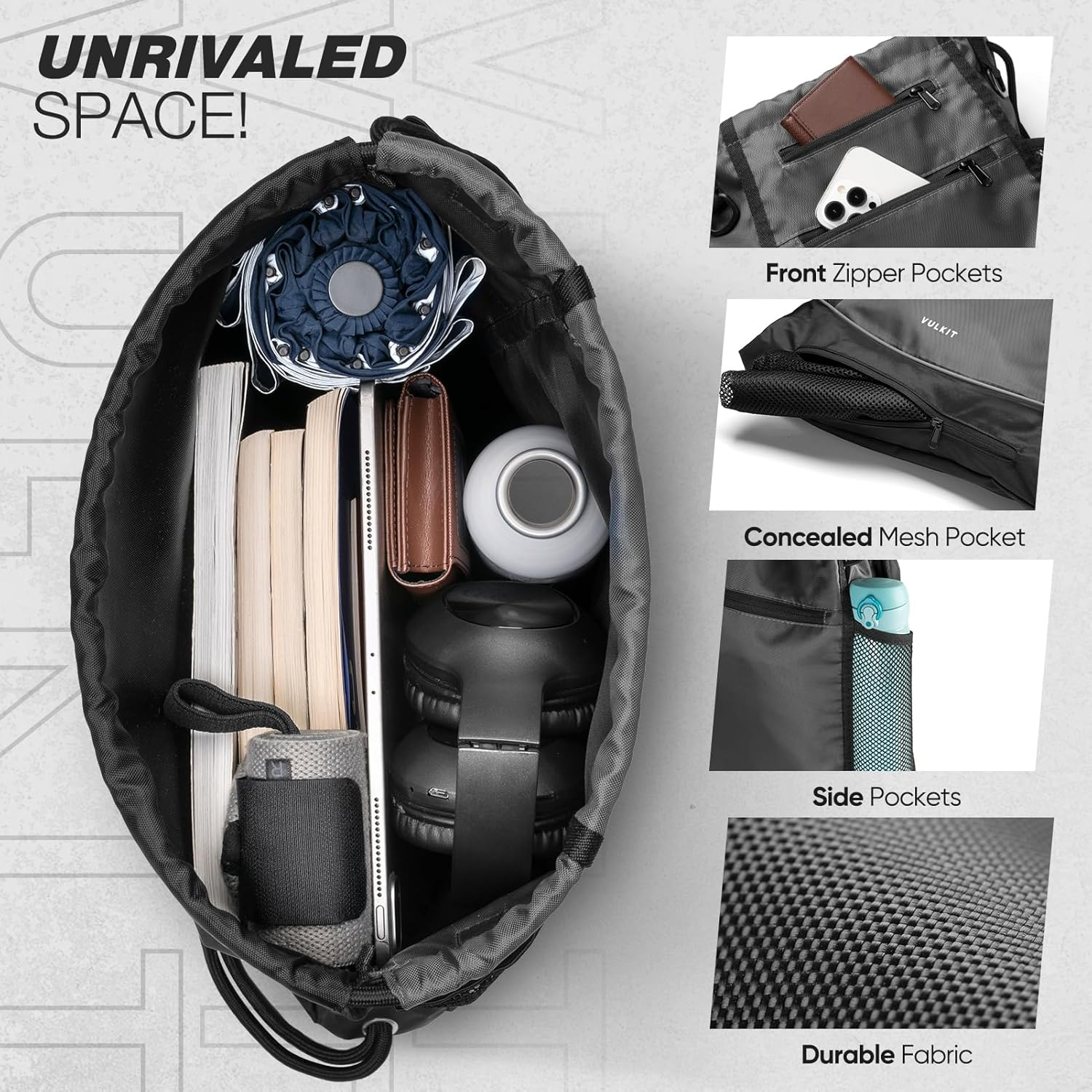 VULKIT Drawstring Backpack, Gym Bags for Men & Women with Large Front Mesh Pocket for Basketball Soccer Gears,Swim Bag - Blue image number 7