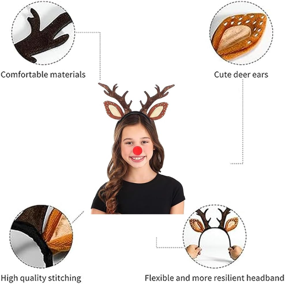 Christmas Reindeer Antlers Headbands with Red Nose and Tail Set Deer Antlers Headband Christmas Reindeer Ears Headband for Xmas Party Favors Cosplay Costume Supplies image number 5