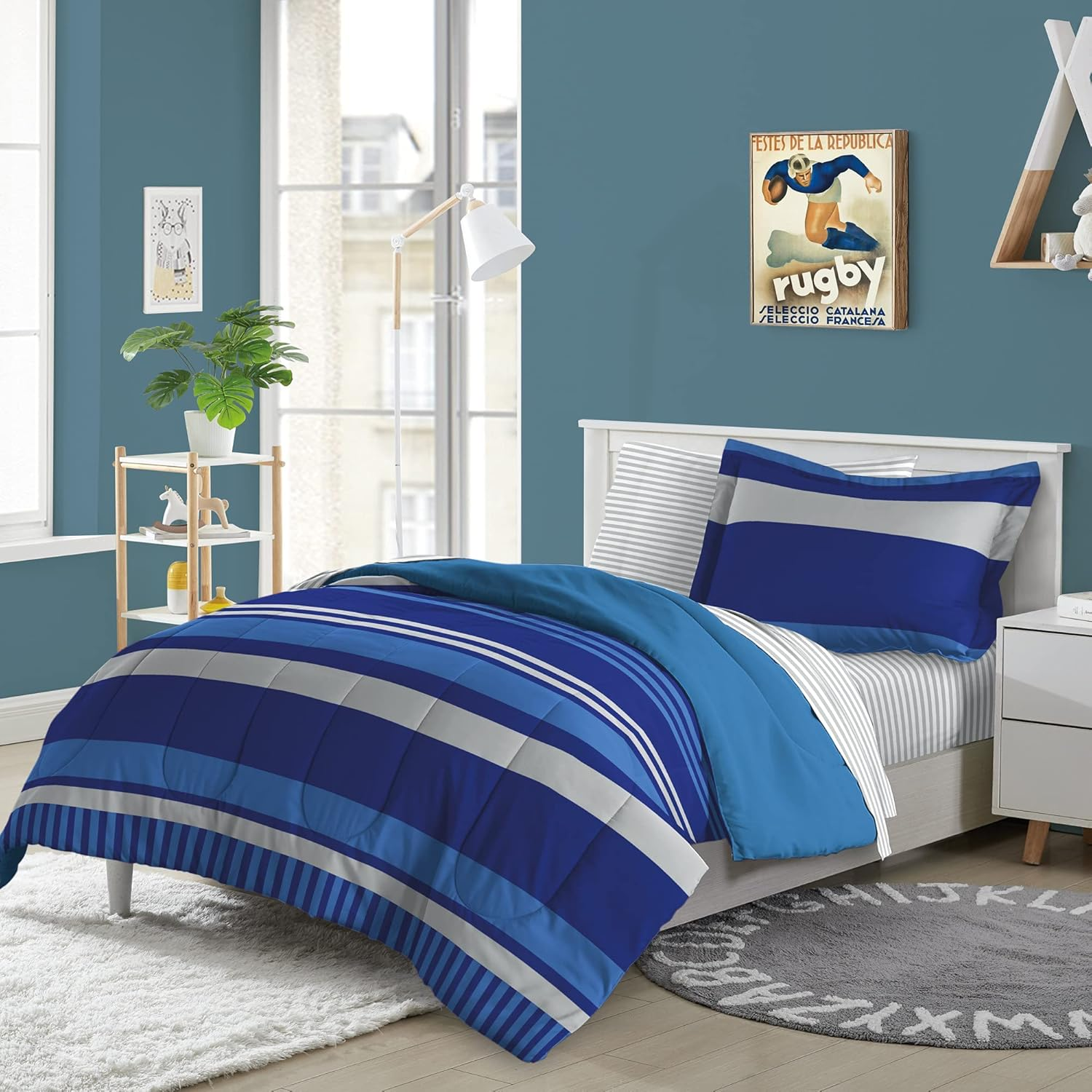 Dream FACTORY Kids 5-Piece Complete Bed Set Easy-Wash Super Soft Microfiber Comforter Bedding, Twin, Blue Rugby Stripe, (2D872701BL) image number 5