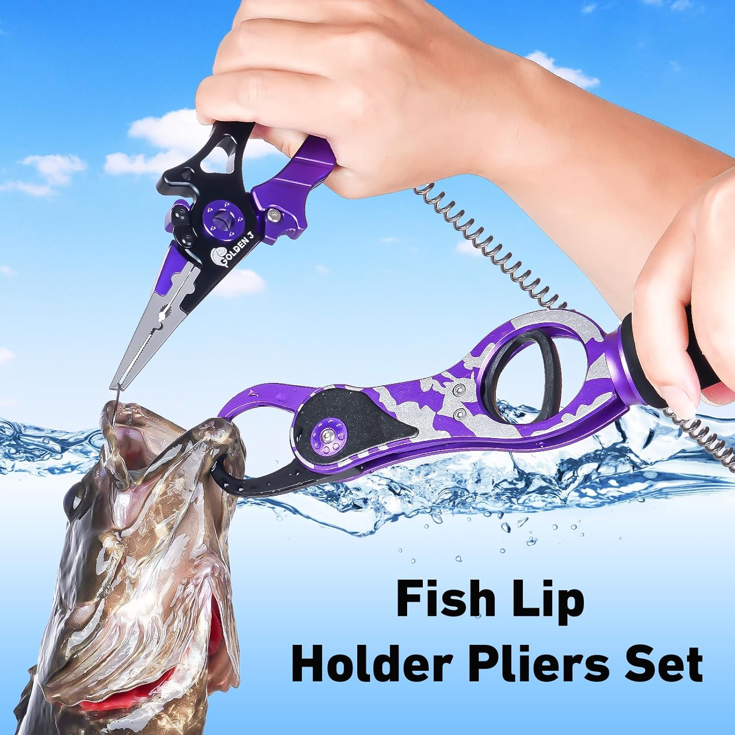 Golden J Fish Lip Gripper & Multi-Function Fishing Pliers Set - High-Strength Aluminum & Stainless Steel, Hook Remover, Split Ring Pliers, Line Cutter, Ideal for Ice, Surf, Lure Fishing image number 4