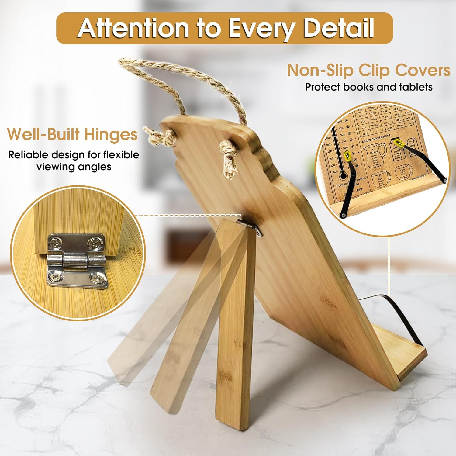 Bamboo Cookbook Stand,Recipe Book Stand with Measurement Conversion Chart,Foldable Cookbook Holder with Flexible Page Holder Clips,Adjustable Reading Holder Stand