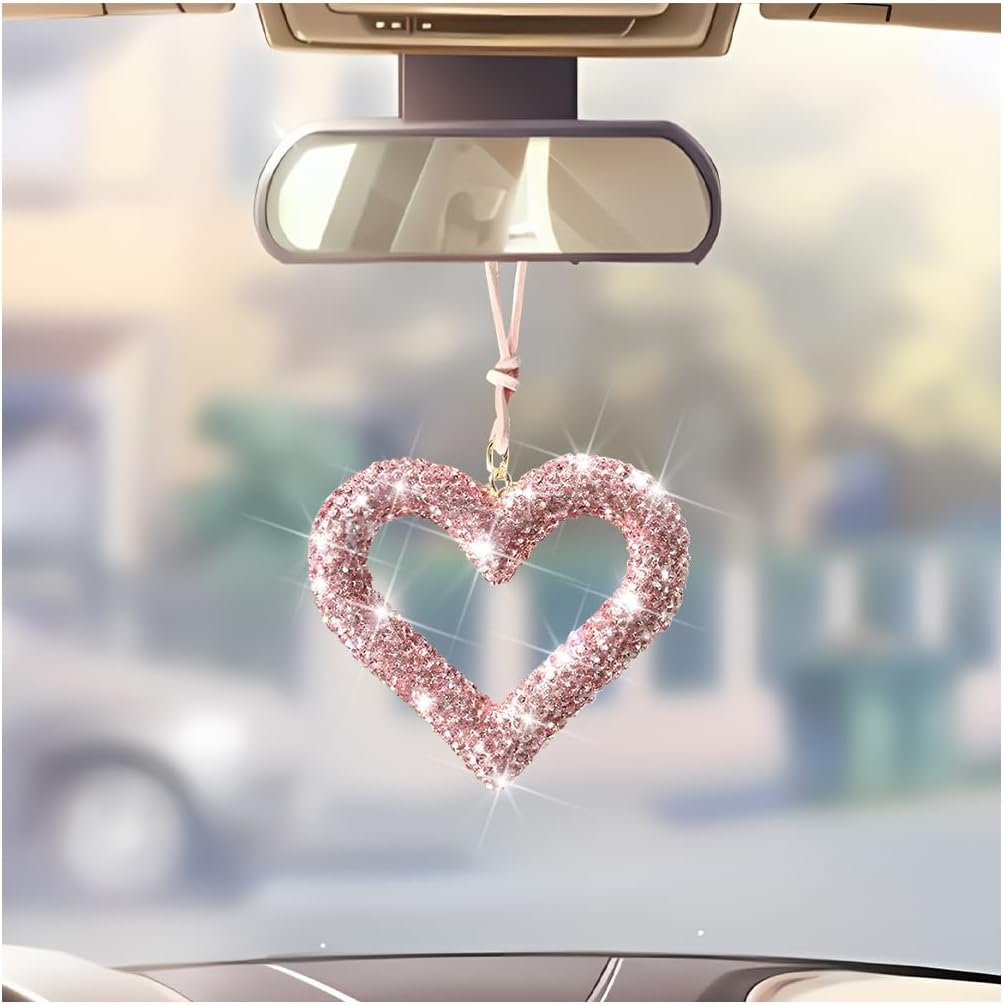 Mandark Bling Heart Car Hanging Accessories, Crystal Rhinestone Vehicle Rear View Mirror Charm Pendant Ornaments, Cute Diamond Auto Interior Hanger Decoration for Women Girls（Wine Red）