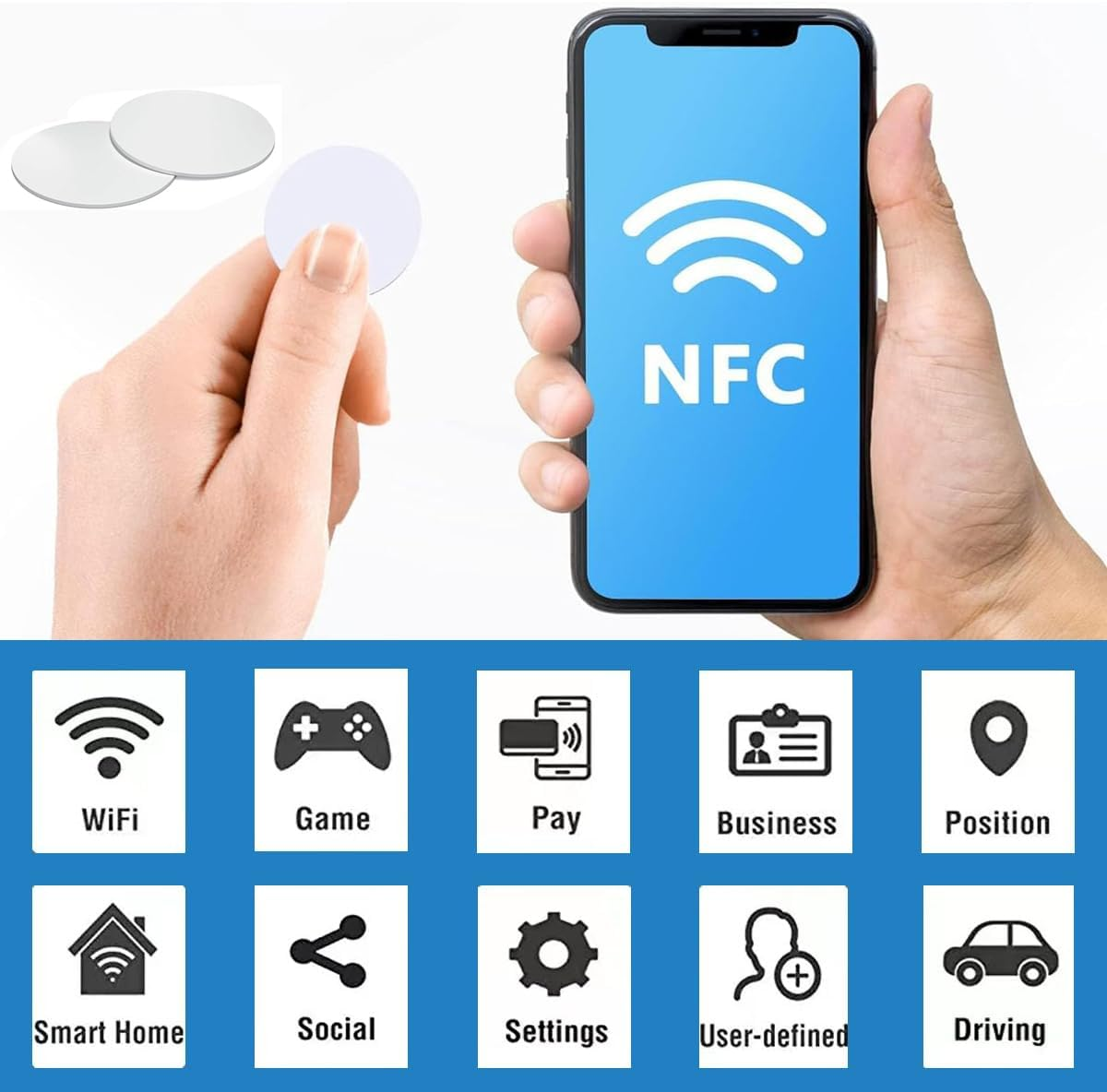 NFC Tags,Haakhui 50Pcs Adhesive round Stickers Blank Rewritable NFC Cards,Compatible with Tagmo and Smart Home Control NFC Enabled Mobile Phones and Devices image number 1