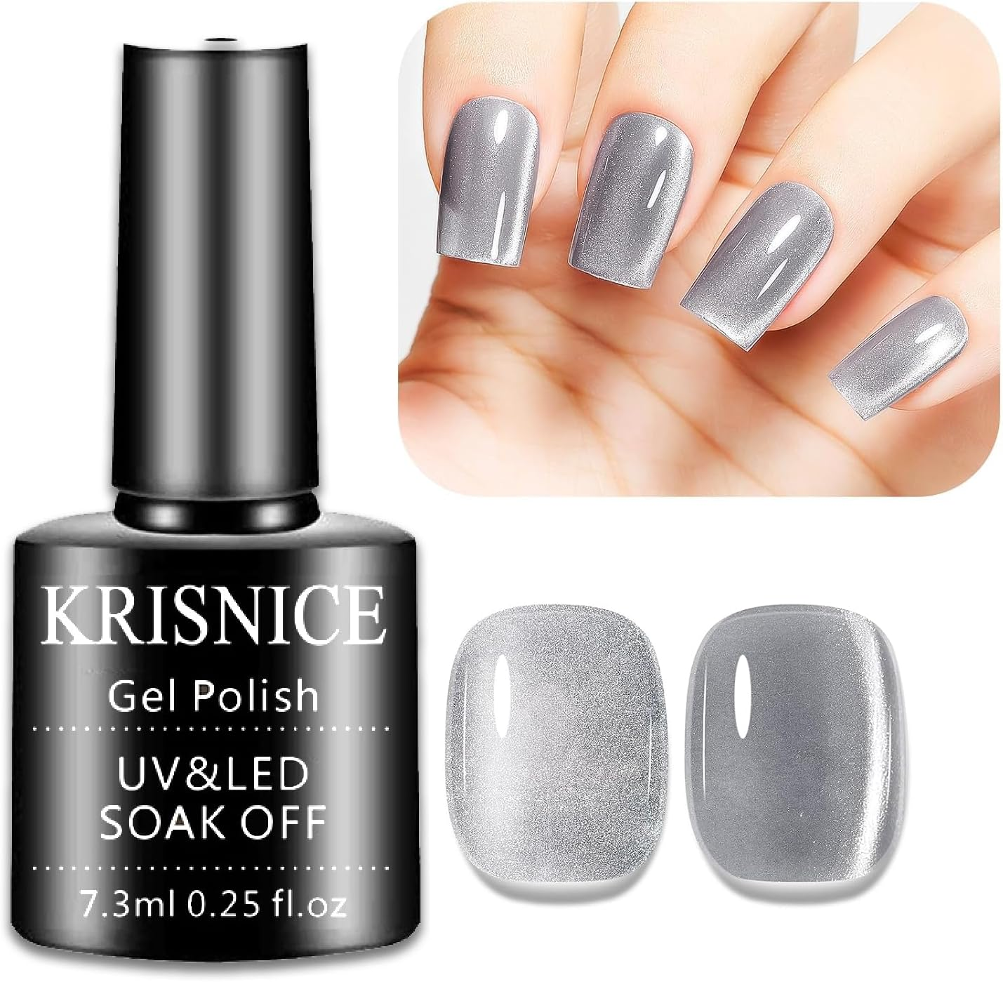 KRISNICE Glass Cat Eye Gel Nail Polish, 7.3Ml Silver Grey Glitter Moonlight Cat Eye Effect Soak off UV LED Gel Polish for Nail Art Manicure Salon Home DIY(KMY1-004-04) image number 6