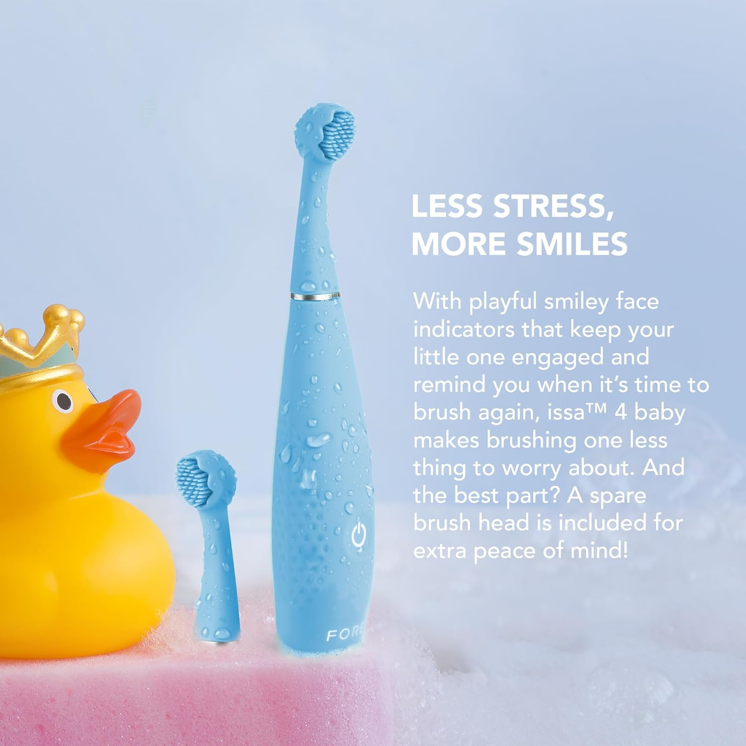 FOREO Issa 4 Baby &ndash; Silicone Sonic Electric Toothbrush Bundle for Babies, 2-Sided Bristles, Fun Smile Feature, Gum Massage, 12 Months of Care with Extra Brush Head, 240 Days Battery, Travel-Friendly - Bubble Blue image number 6