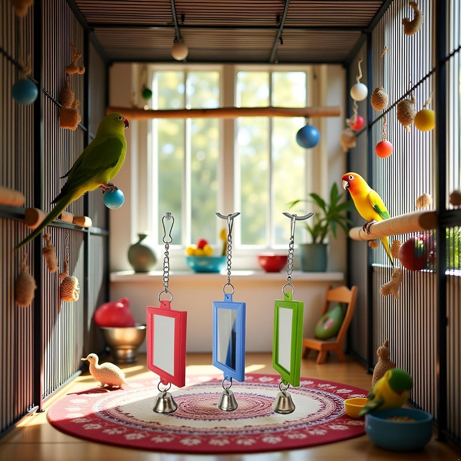 1Pc Random Color Pet Bird Mirror with Bell Interactive Parrot Toys for Budgies Parakeets Conures, Pet Supplies image number 2