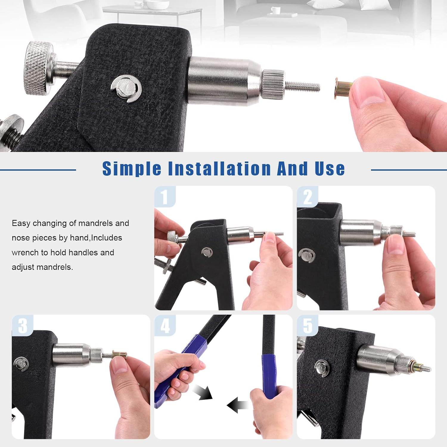 Glarks 156Pcs Rivet Nut Tool with Mandrel and Rivet Nut Kit, Threaded Insert Hand Riveter Nutsert Tool Rivet Gun with 5Pcs Metric Mandrels and 150Pcs Blind Rivet Nuts M3 M4 M5 M6 M8 image number 5