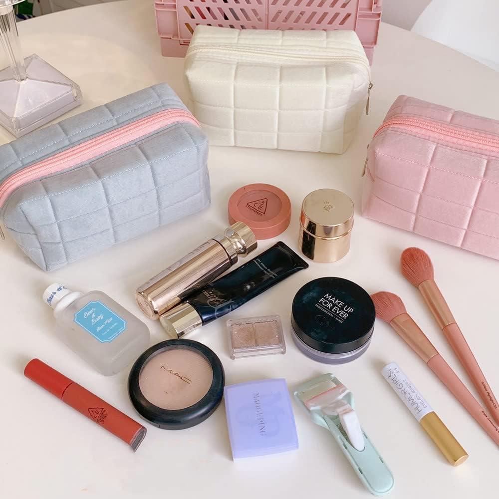 LYDZTION Plush Makeup Bag Cosmetic Bag for Women,Zipper Large Solid Color Travel Toiletry Bag Travel Make up Toiletry Bag Washing Pouch, White image number 3