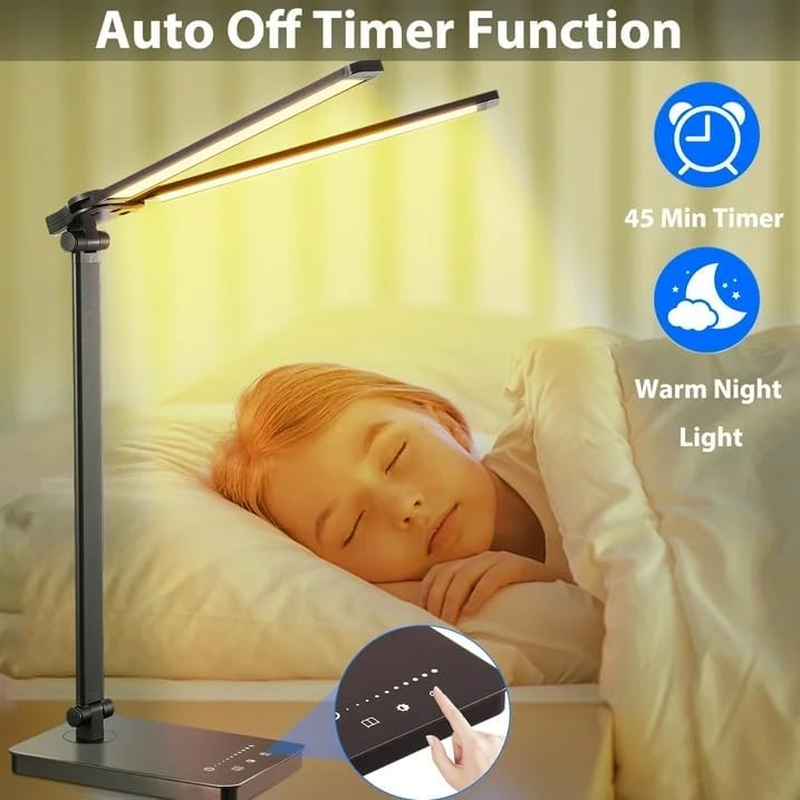 Desk Lamp for Home Office - LED Lamp with USB Port,Eye-Caring Double Swing Arm Bright Table Lamp, Dimmable Touch Lamp Desktop Light for Bedroom/Living Room/College image number 3