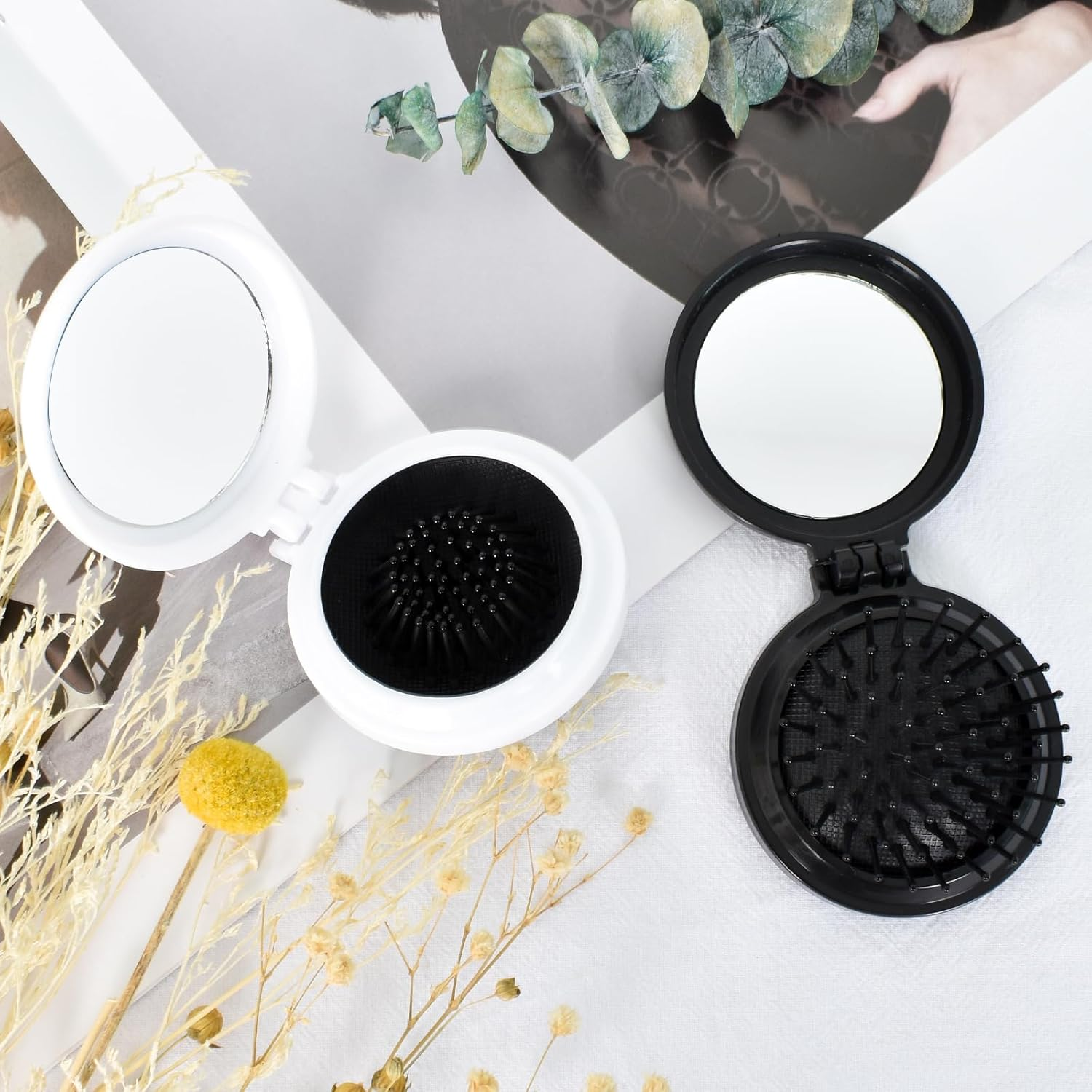 Pack of 2 Foldable Hair Brushes with Mirror, Foldable Hair Brushes with Travel Mirror, Round, Portable Bag, Hair Brush, Mini Hair Comb, Hair Massage Comb for Men, Women and Girls, Black + White image number 1