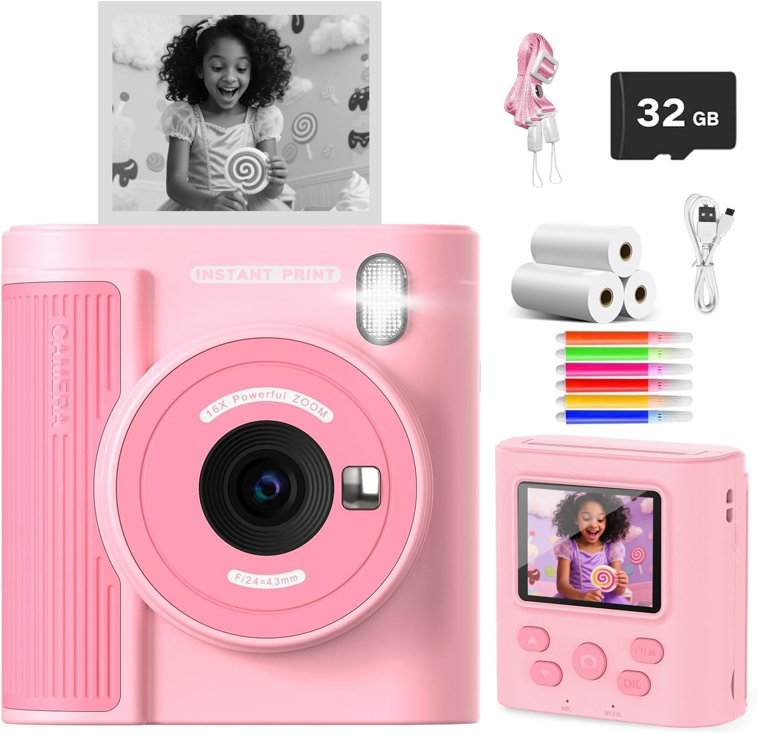 ZONEY Instant Print Camera for Kids, Birthday Gifts for Girls Boys,1080P Kids Digital Camera with Dual Camera Toys for 4 5 6 7 8 9 10 Year Old Girl with 32GB SD Card(Purple)