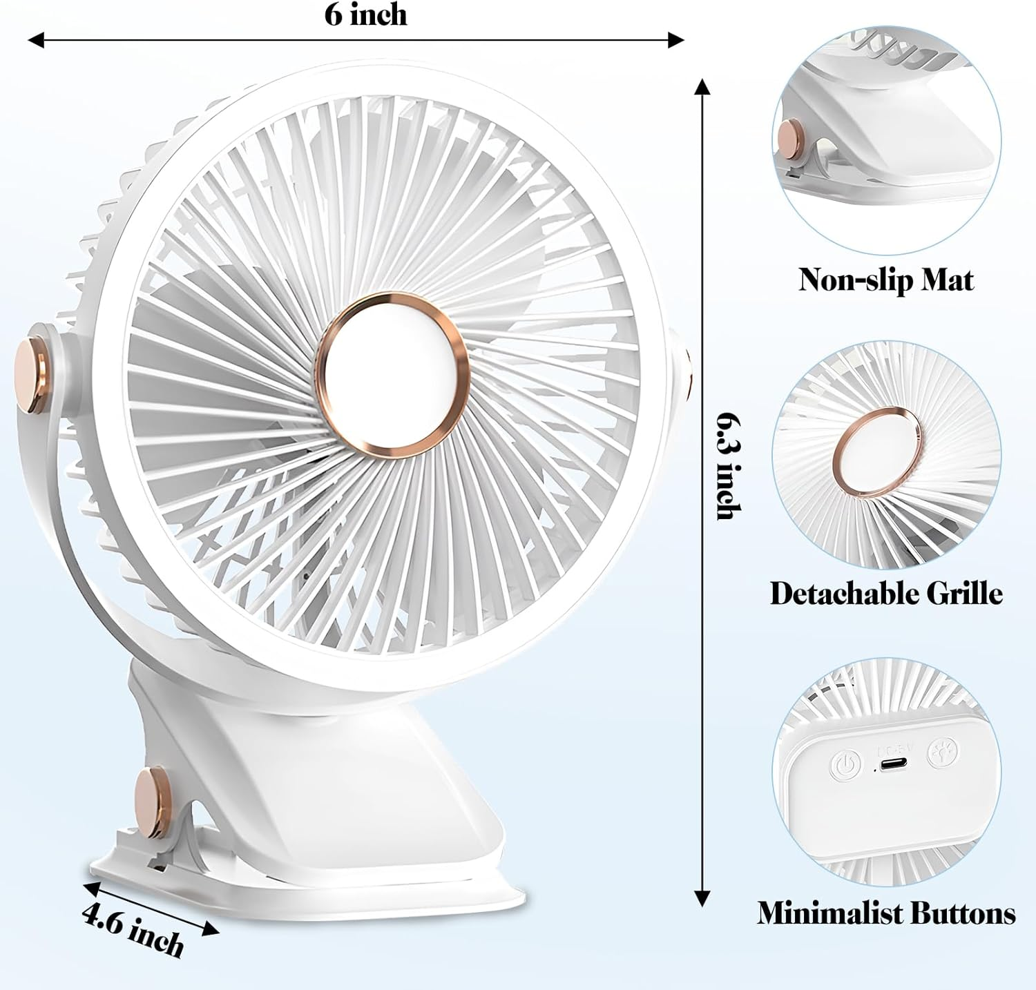 6 Inch USB Desk Fan with Sturdy Clip, 720&deg; Wide-Angle Rotating, 3 Speeds, 1200Mah Strong Wind Desktop Fan Suitable for Home, Office, Bedroom, Outdoor