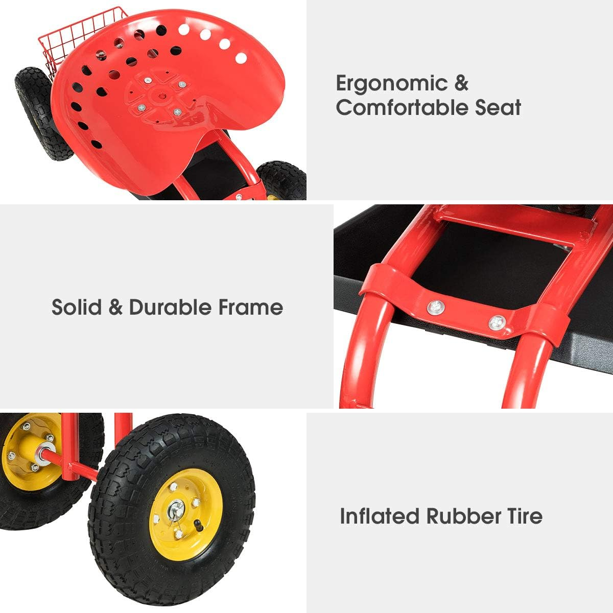 Costway Rolling Garden Cart Work Seat W/Wheels, Scooter W/360 Swivel Seat and Utility Tool Storage Basket, Heavy Duty Outdoor Work Cart W/Adjustable Height for Gardening Planting (Red) - Red image number 6