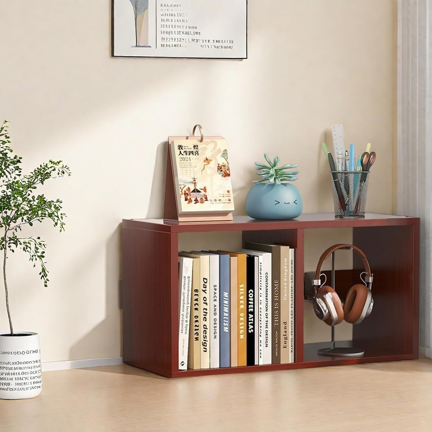 Desktop Organiser Wooden Bookshelf, Office Desk Display Shelf Unit, Book Storage Bookcase, Books Shelves A273 (Grey)