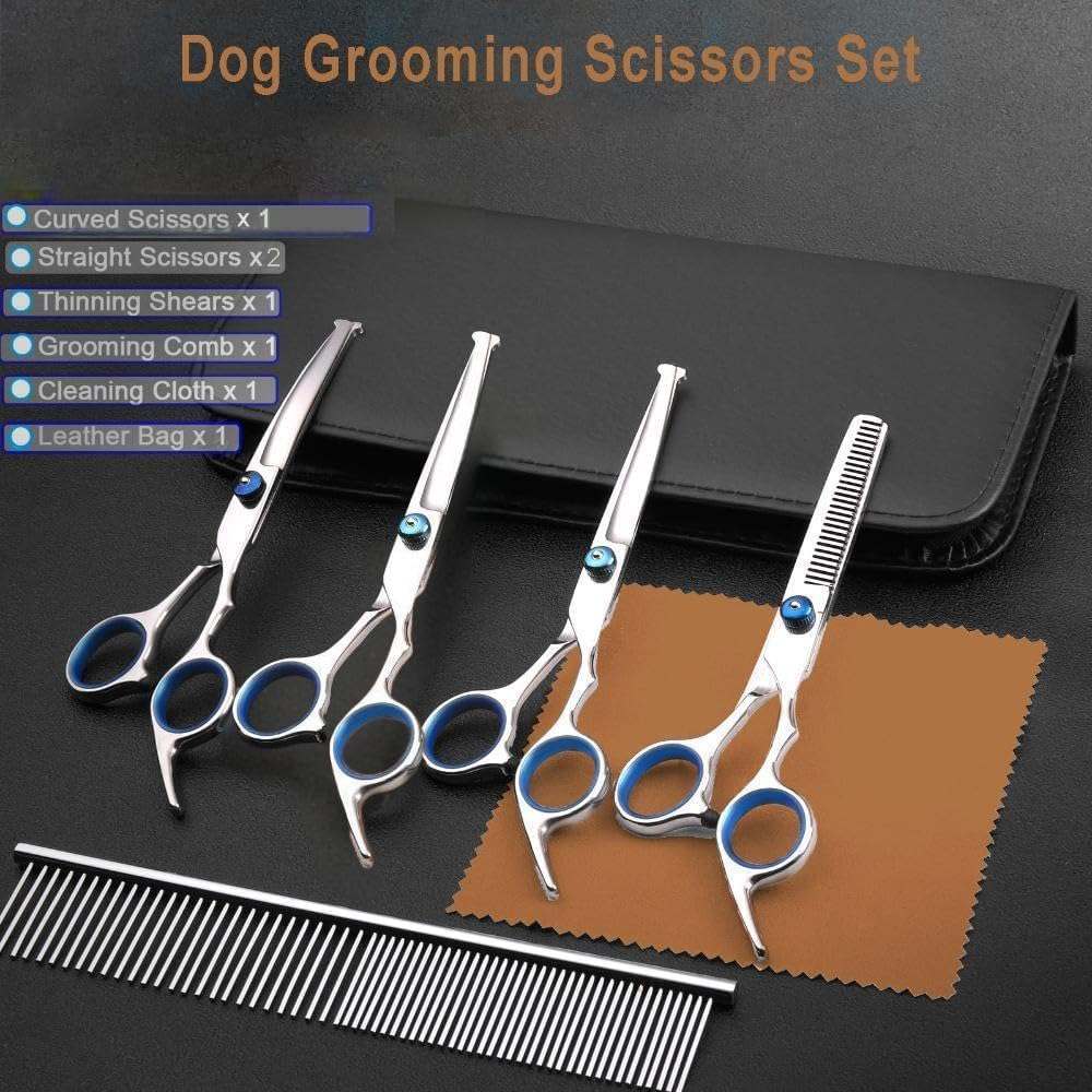 7-In-1 Dog Grooming Scissors Kit, Professional Dog Scissors with Safety round Tips, Stainless Steel Grooming Thinning Shears for Dogs Cat Pet image number 5