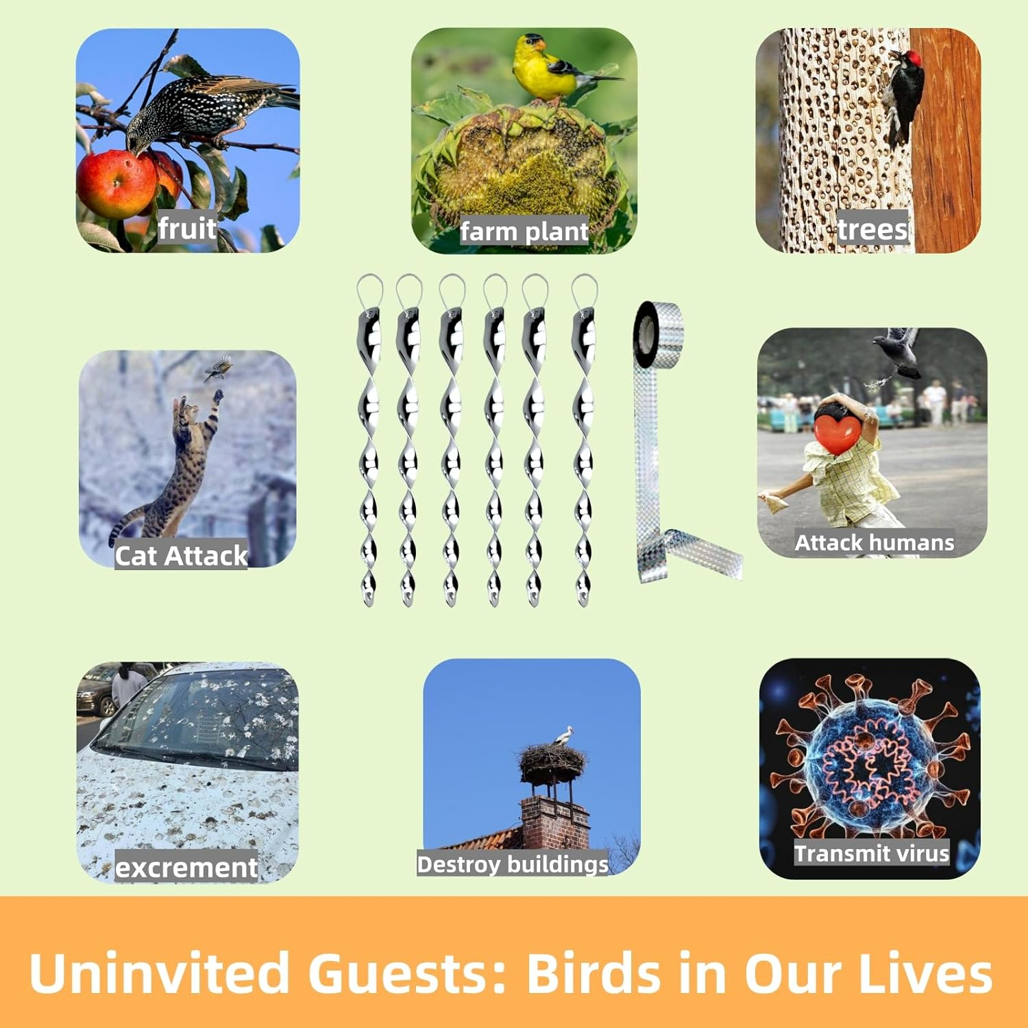 Wlzll Bird Deterrent Kit &ndash; 6 Reflective Scare Rods & 80M Reflective Tape &ndash; Visual Bird Repellent for Gardens, Trees & Roofs (Repels Pigeons, Woodpeckers & More) image number 1