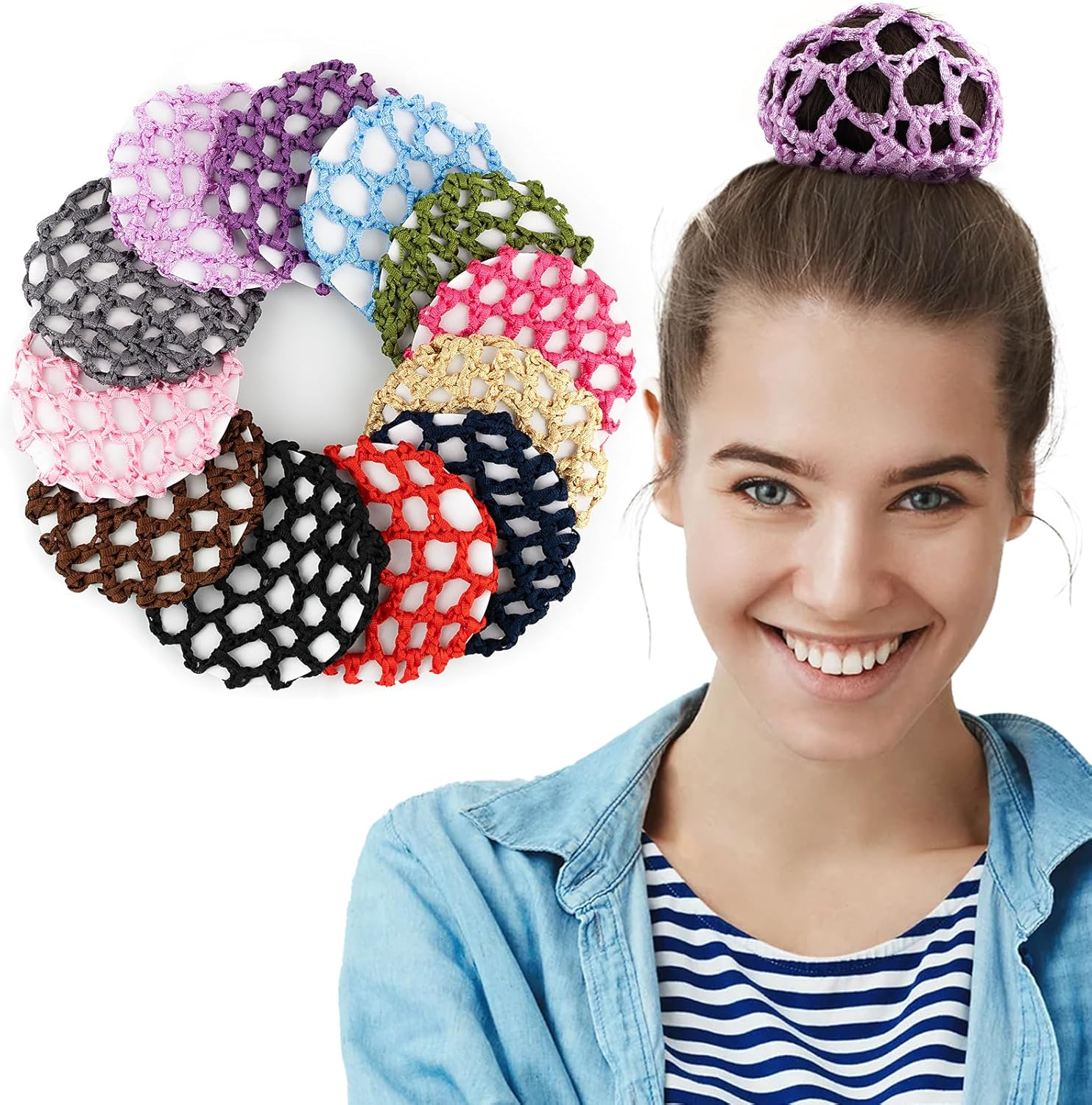 AUEAR, 5 Pack Hair Bun Cover Rhinestone Snood Hair Net Handmade Crochet Elastic Bun Hair Nets for Women Girls Ballet Dance Skating