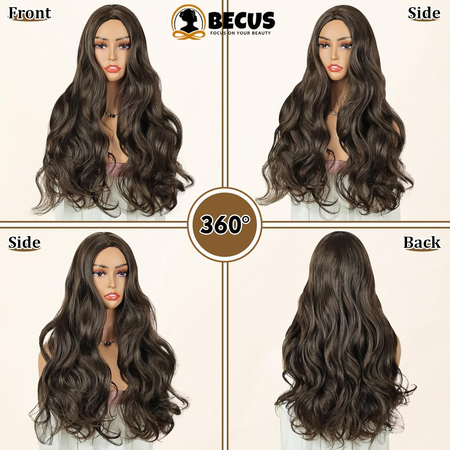 BECUS 24 Inch Long Brown Wigs for Women Middle Parted Wavy Natural Synthetic Curly Hair Wig