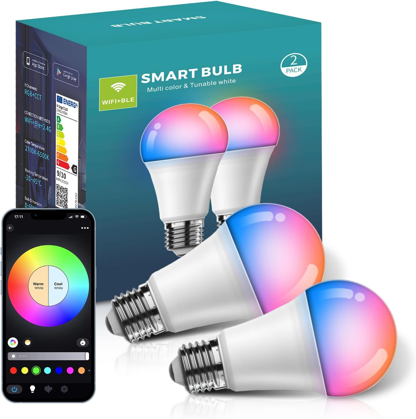 LED Smart Wifi Bulbs E27 Alexa&Google Home Compatible with Music Sync,Dimming, Color Changing, Timing,Group Control, Preset Scenes, RGBCW Multicolor Smart Bluetooth Light Bulbs 60W, 800Lm(2-Pack) image number 6