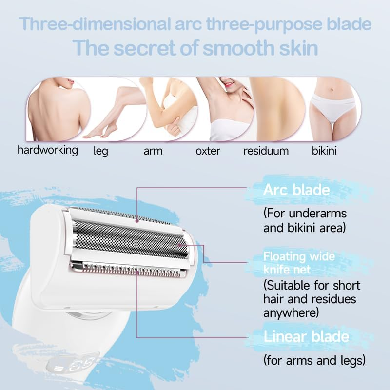 Haokry Electric Razor for Women, Silk Glide Epilator for Painless Hair Removal, 3-In-1 Lady Shaver for Legs, Face, Bikini, Rechargeable Wet and Dry Use (White) image number 4