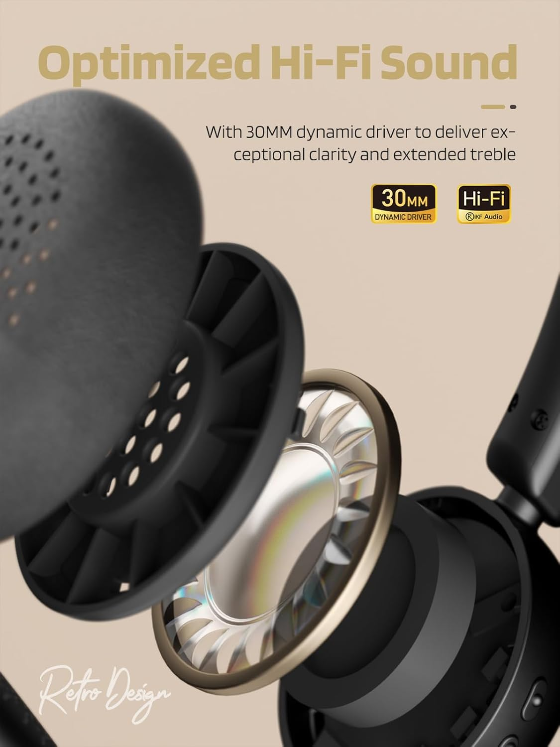 Ikf R1 Wireless On-Ear Headphones Bluetooth 5.4 Lightweight Retro Headphones 60H Playtime, Multipoint Connectivity, APP Volume Control, Built-In Microphone, for School, Travel, Commuting (Black Gold)