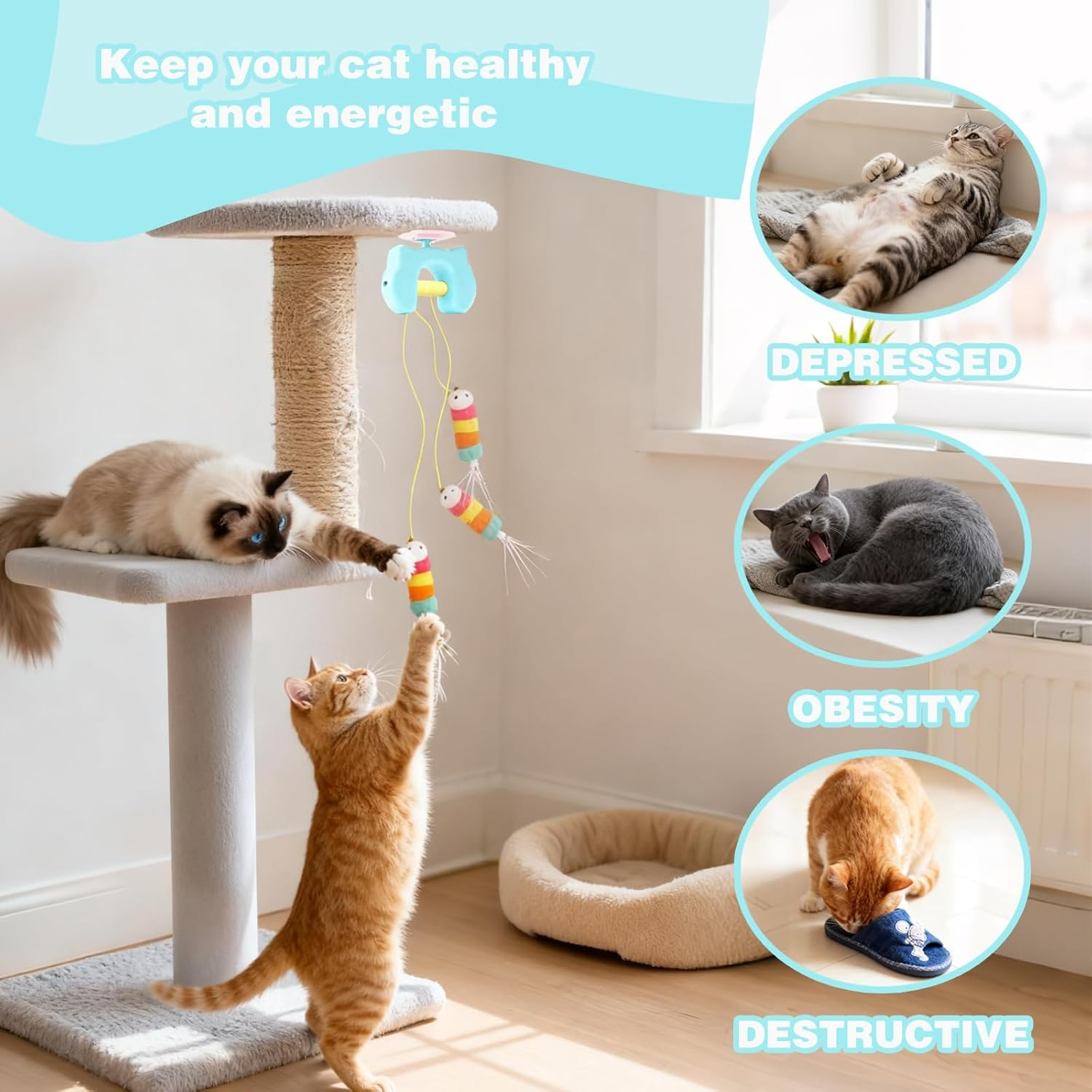 Upgraded Interactive Cat Toy with 2 Replaceable Feather Tops & 1.8M Long Rope | Hanging Toy for Door & Wall | Automatic Retractable Feather Toy for Indoor Cats | Kitten Chase Exercise Playing image number 2