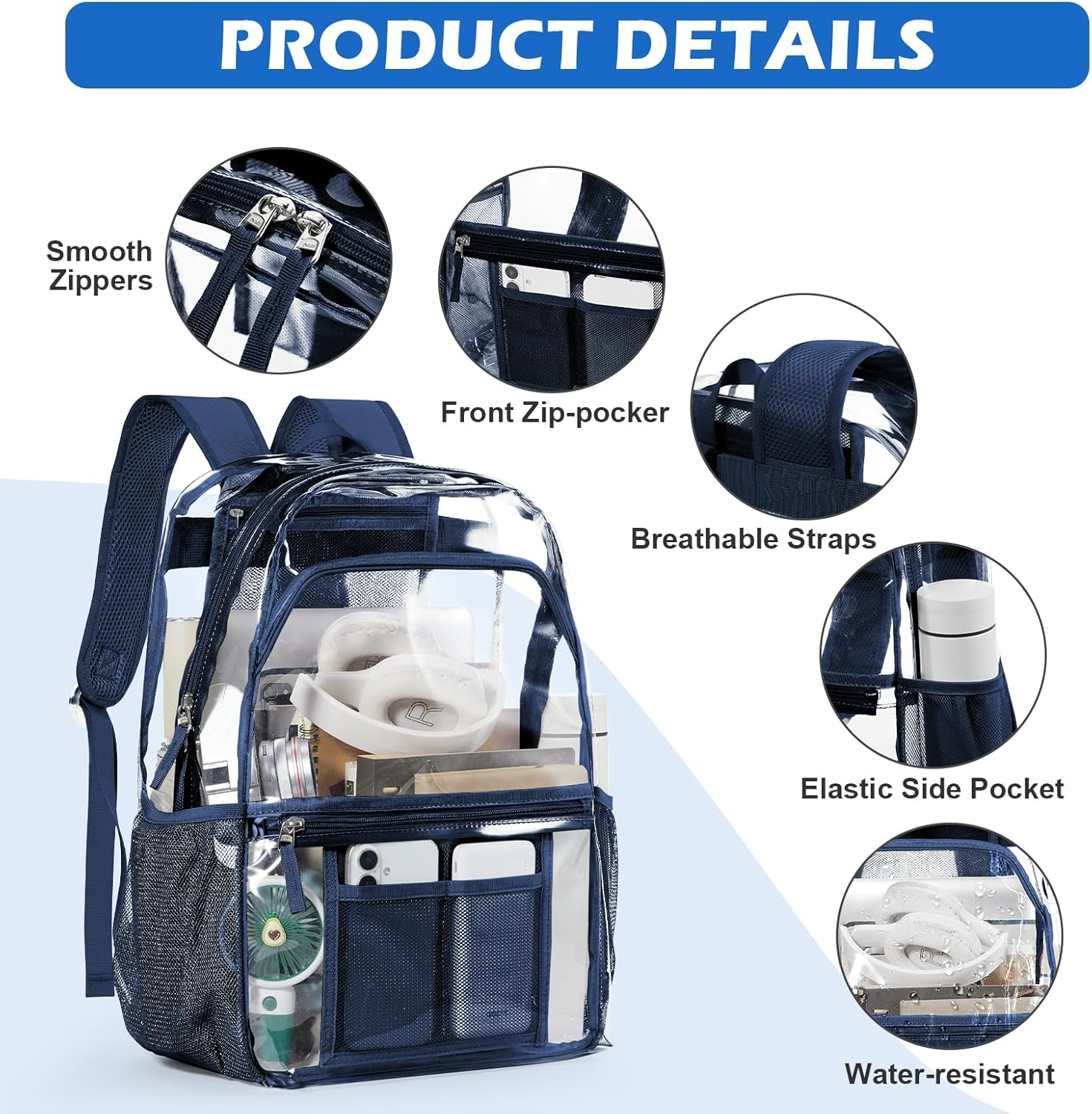 WEPOET Clear Backpack Heavy Duty Transparent See through Backpack,Waterproof Clear Bookbag image number 4