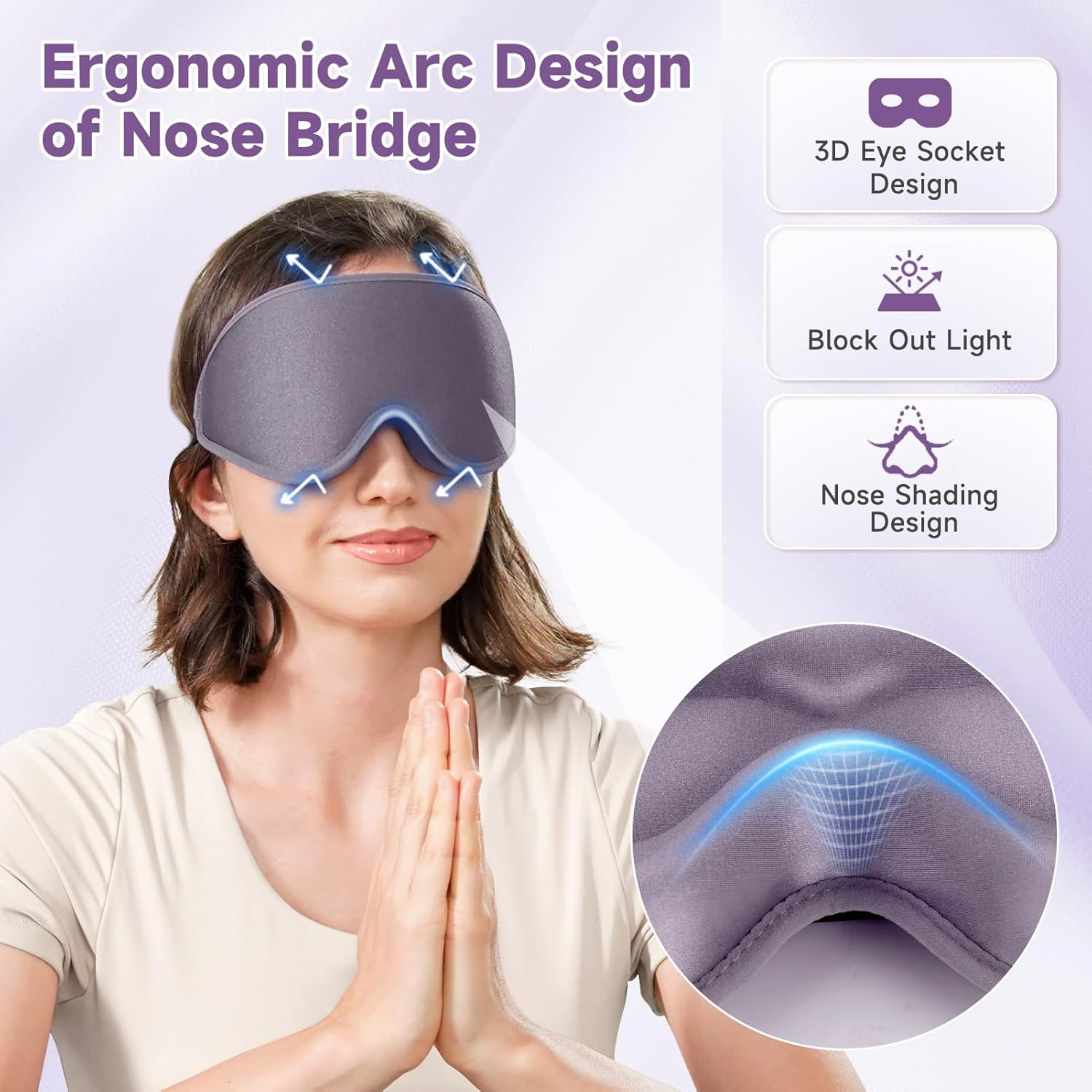 3D Eye Sleep Mask, 99% Fully Block Out Light Deep Contoured Eyes Cover NO Pressure with Adjustable Strap, Long Lash Extension Eyes Mask for Women Men Sleeping Travel Home Nap Rest Use (Light Purple)