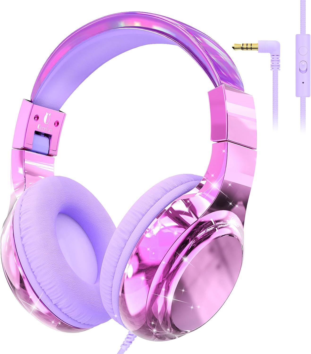 Qearfun Kids Headphones with Microphone, Wired, on Ear, Volume Limited to 85/94Db, Sharing Jack, Foldable, Deep Purple Aurora