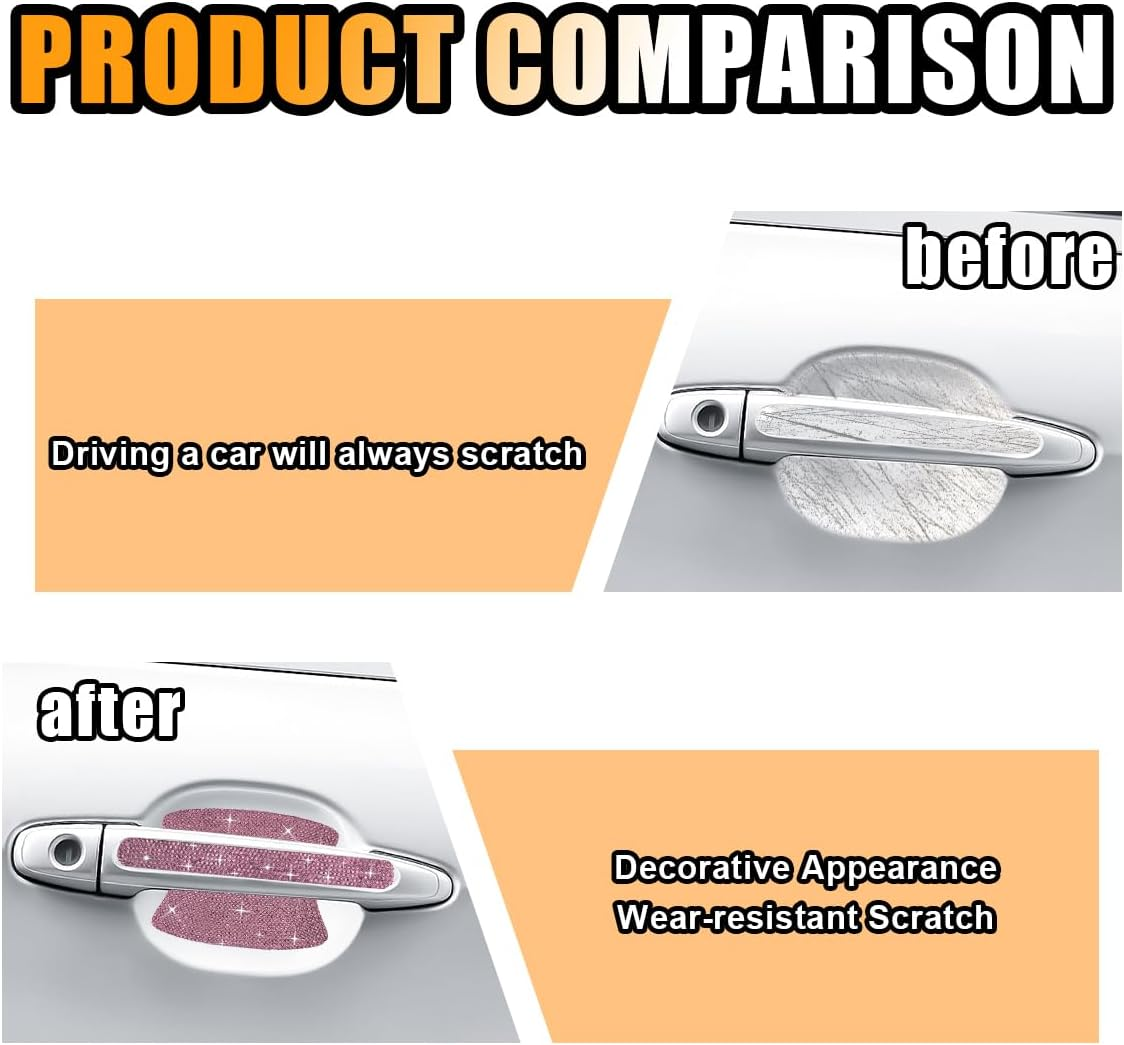 10PCS Bling Car Door Handle Anti-Scratch Sticker, Bling Car Door Handle Sticker, Universal Car Doors Handles Protective Cover, Shiny Rhinestone Auto Decor Accessories for Women (Pink) - Black image number 3