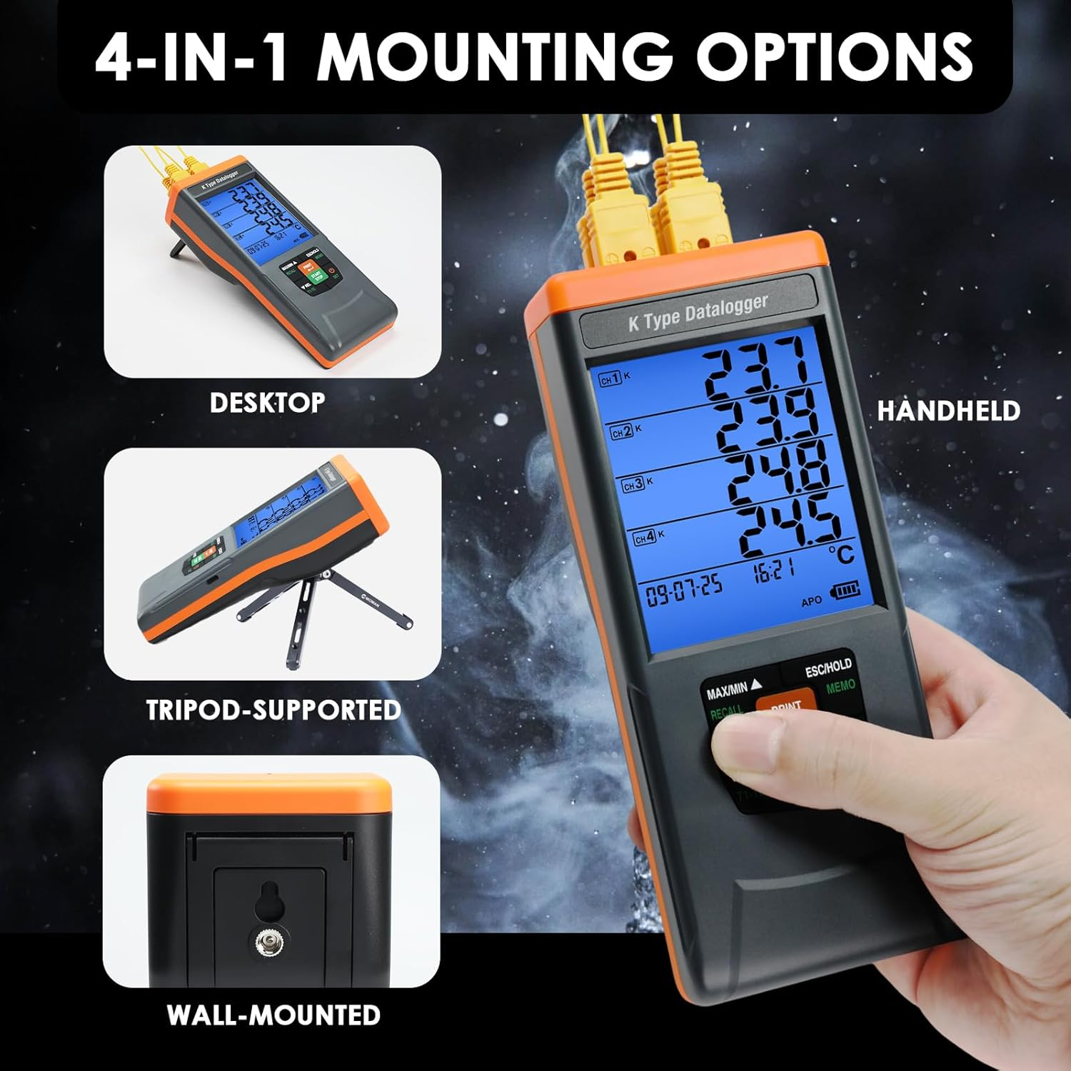 Thermocouple Thermometer Data Logger 4 Channel Digital K Type Temperature Data Logger Recorder with 48K Records, 328~2498℉ (-200~1370℃) Range with Audible/Visual Alarms for Laboratory Industrial image number 5