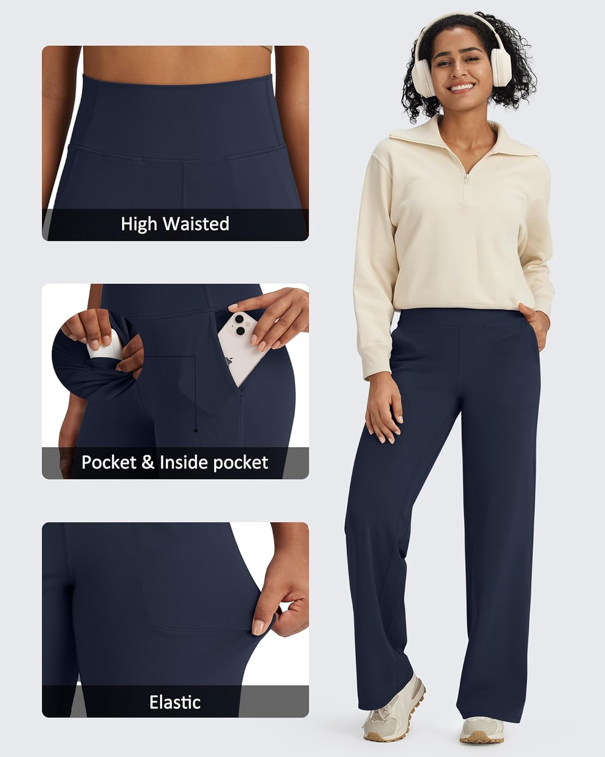 G4Free Wide Leg Pants Woman Yoga Pants with Pockets (Dark Navy,S,33")