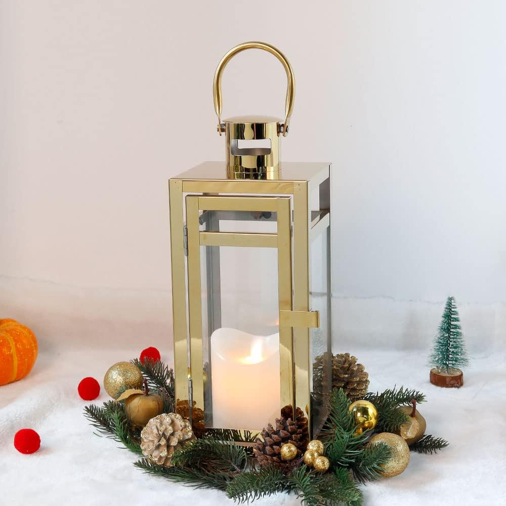 TRIROCKS Set of 2 Stainless Steel Decorative Lantern 12'' High Metal Candle Holder Outdoor Candle Lantern with Tempered Panels for Home Decor Living Room Parties Events Tabletop Indoor Outdoor (Gold) image number 5