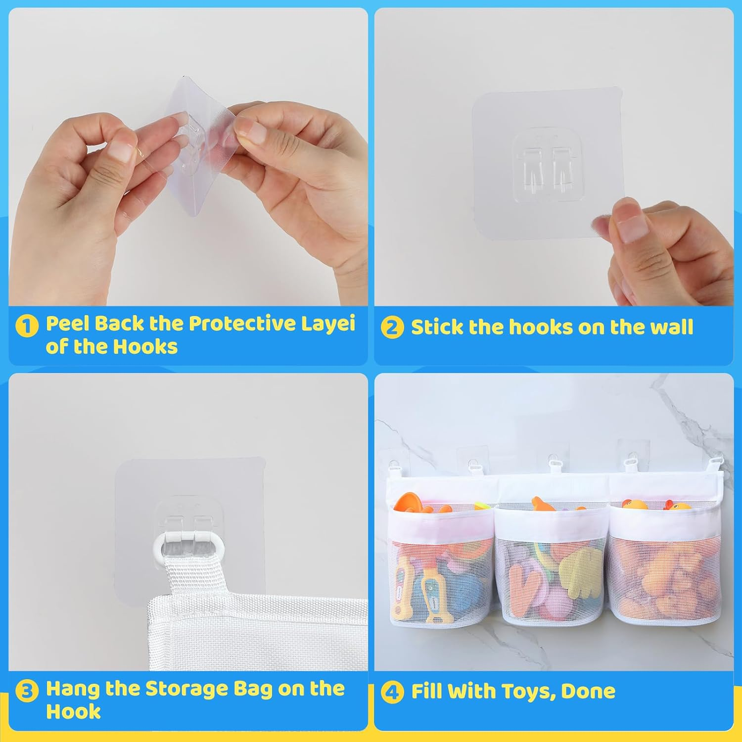 Large Bath Toy Storage Organizer with 3 Compartment Openings 5 Strong Self Adhesive Hooks, Mesh Baby Bathtub Shower Toy Tidy Net Basket Holder Bags for Bathroom Bedroom